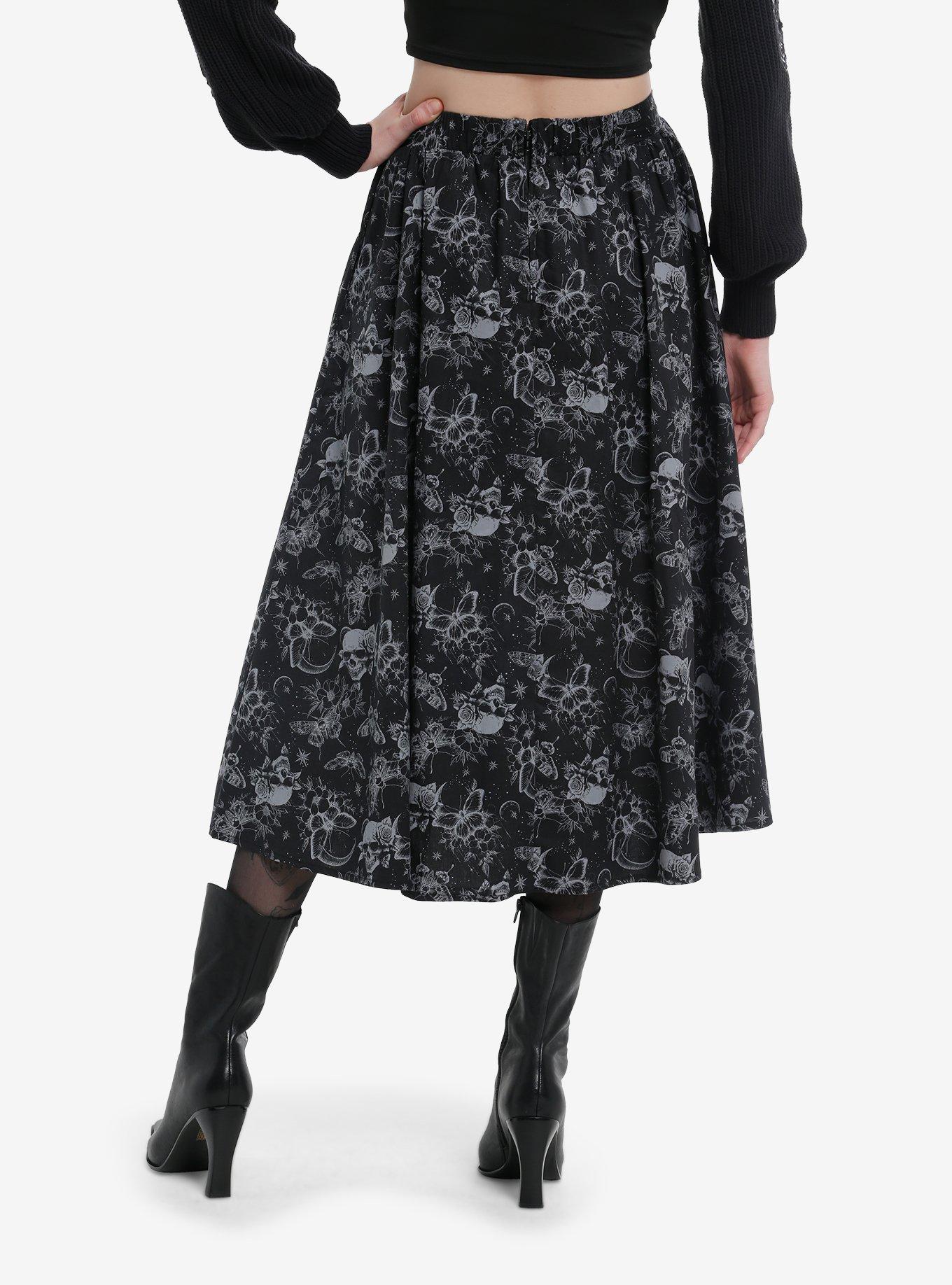 Cosmic Aura Moths & Skulls Flare Midi Skirt, , hi-res