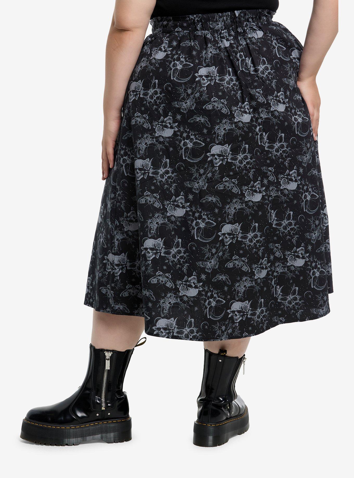Cosmic Aura Moths & Skulls Flare Midi Skirt Plus Size, , hi-res