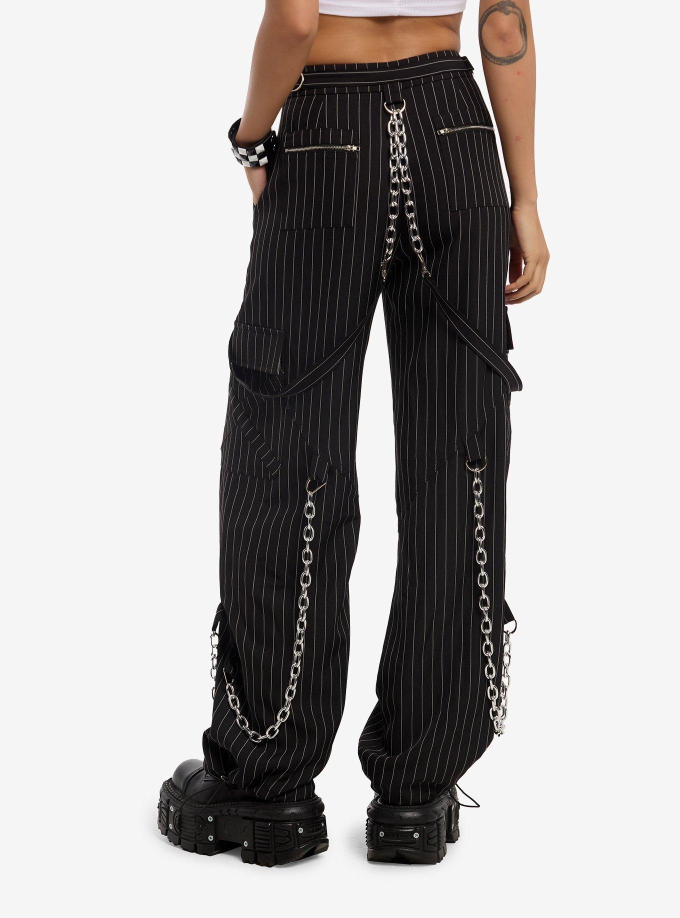 Black & White Pinstripe Suspender Chain Pants, , hi-res