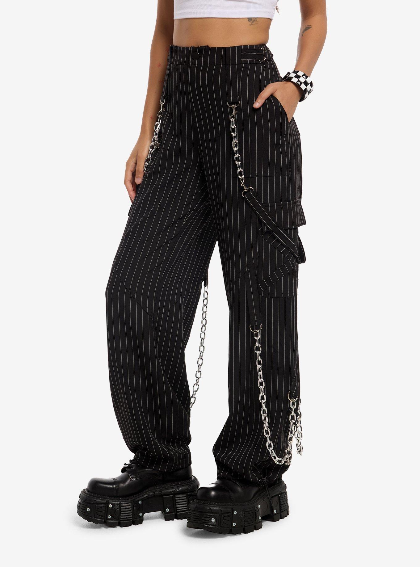 Black & White Pinstripe Suspender Chain Pants, , alternate