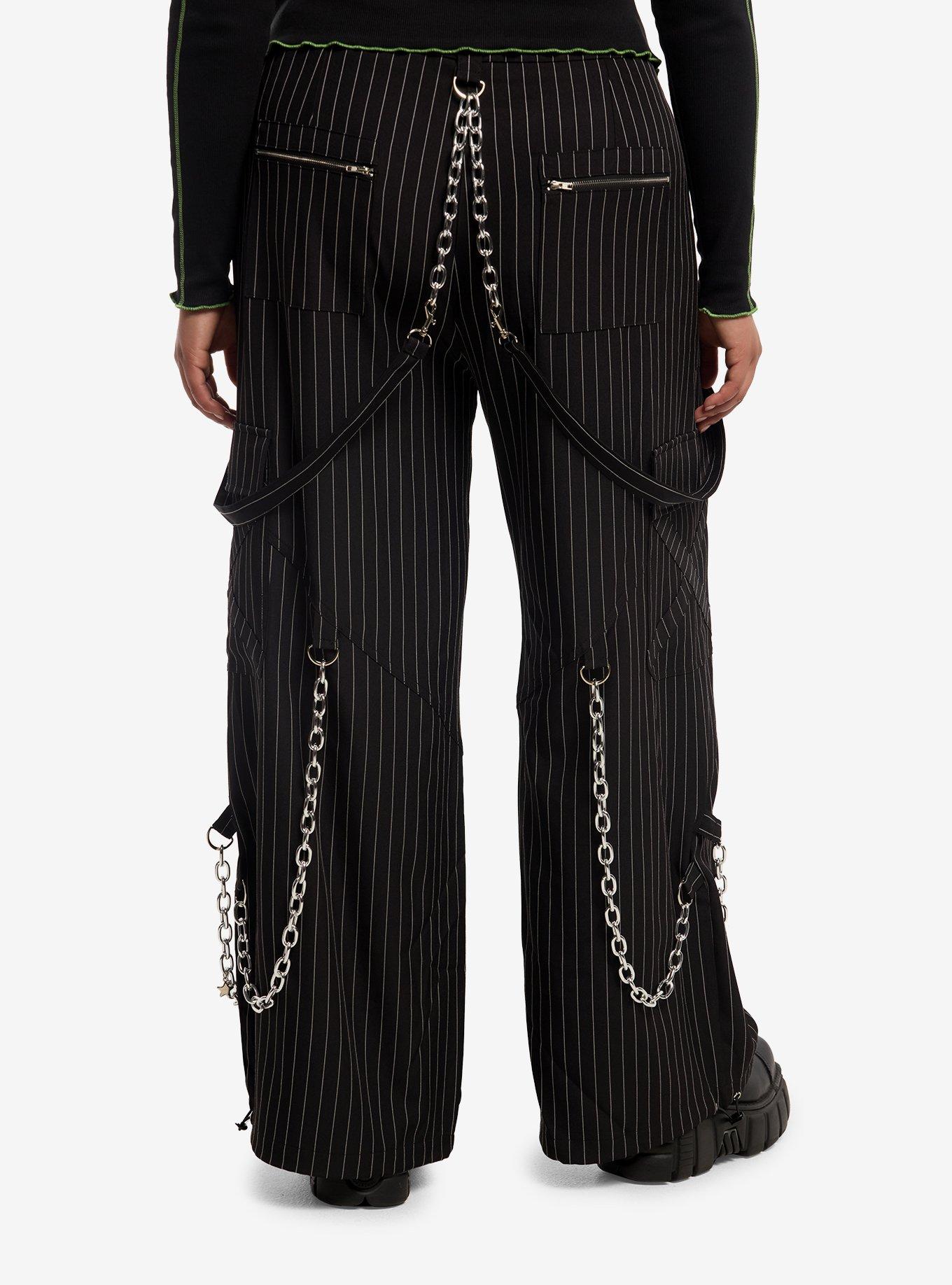 Black & White Pinstripe Suspender Chain Pants Plus Size, , hi-res
