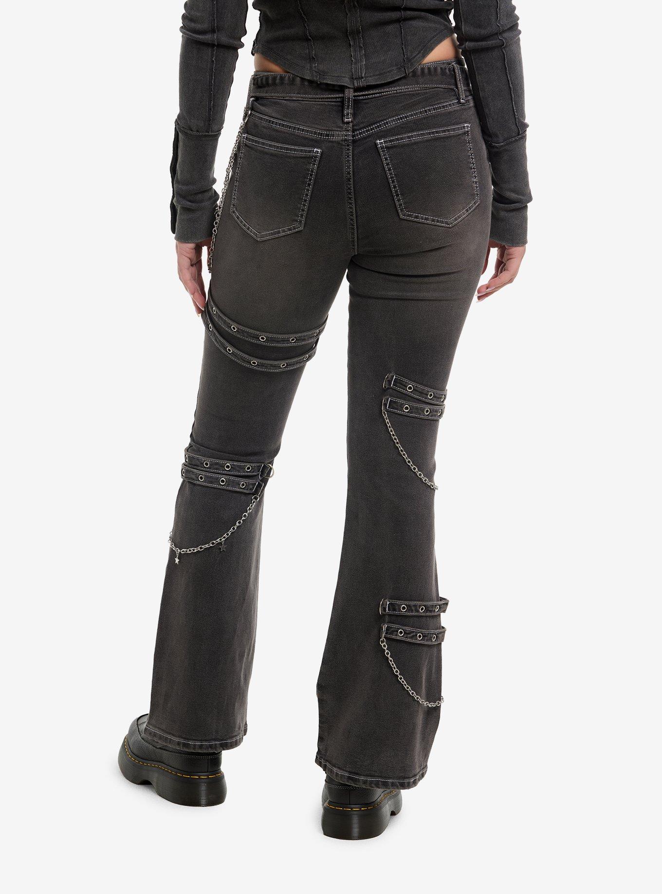 Faded Black Wash Grommets & Chains Flare Jeans, , hi-res
