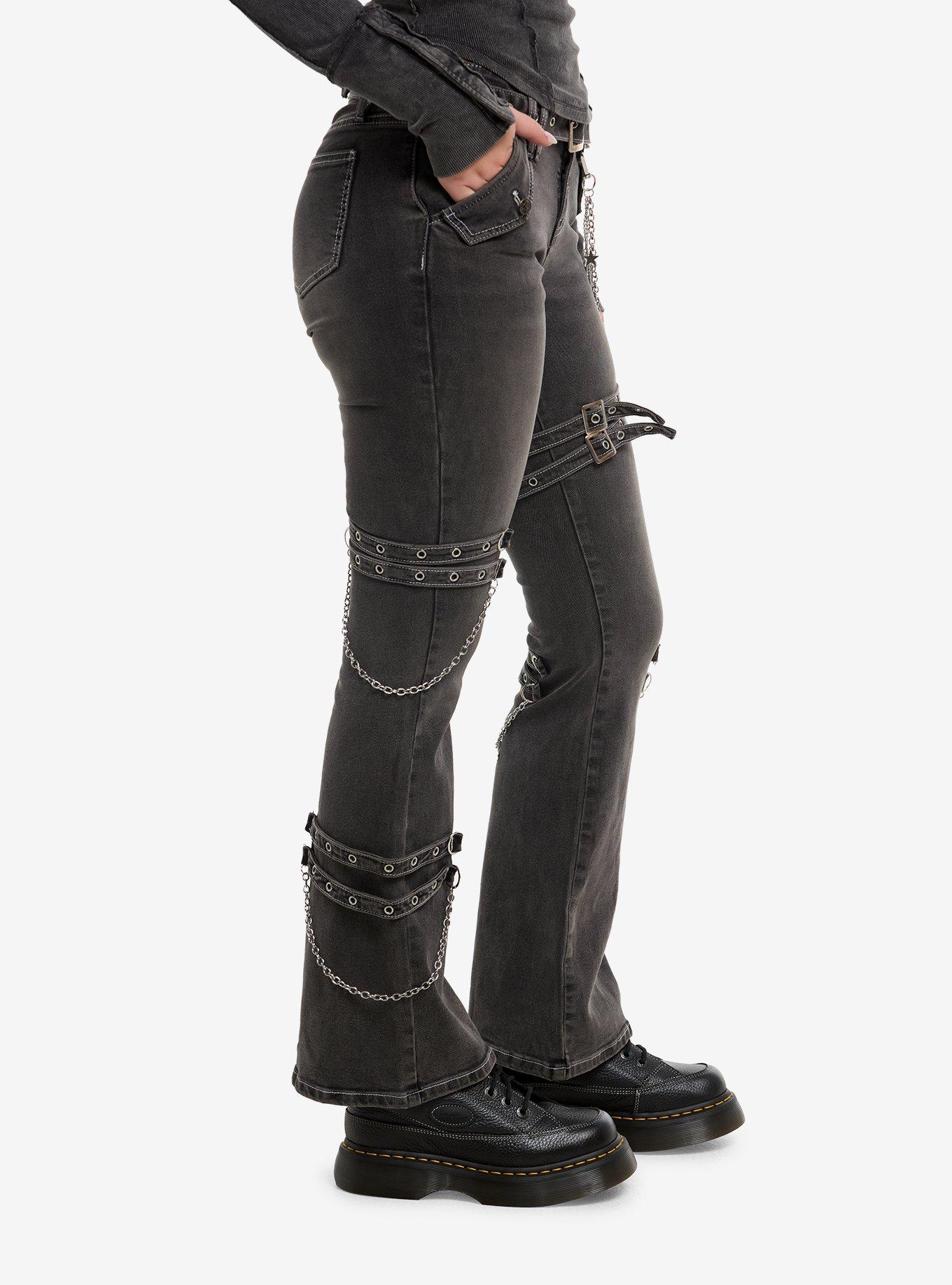 Faded Black Wash Grommets & Chains Flare Jeans, BLACK, alternate