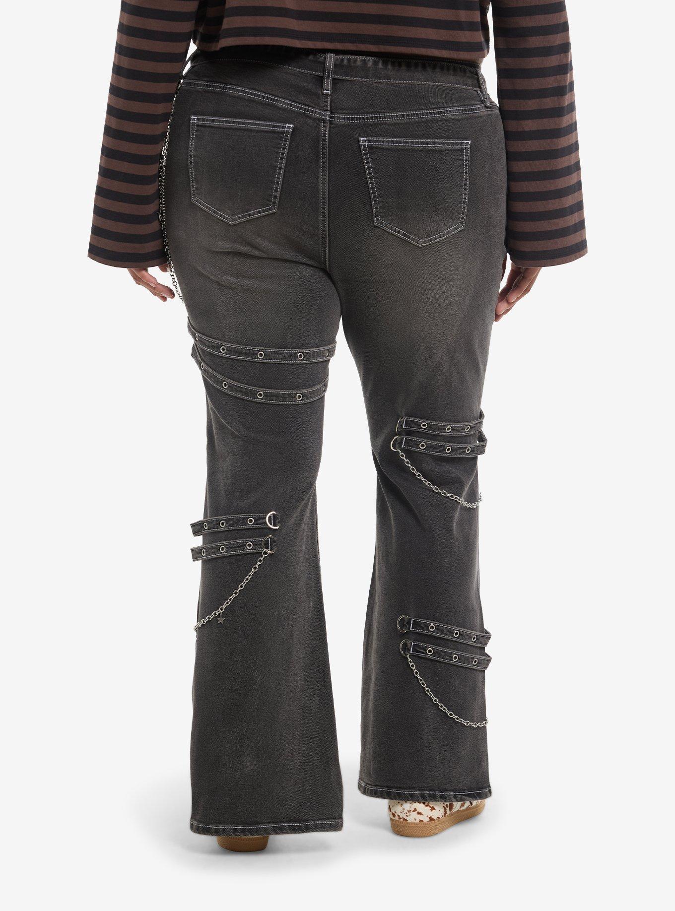 Faded Black Wash Grommets & Chains Flare Jeans Plus Size, , hi-res