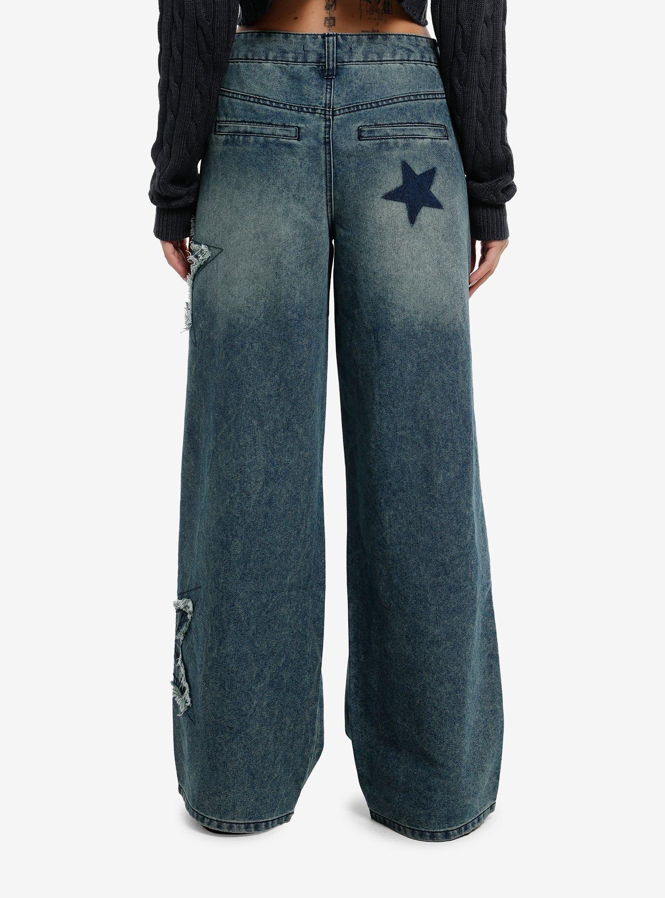 Indigo Vintage Wash Star Patch Girls Wide Leg Jeans, , hi-res