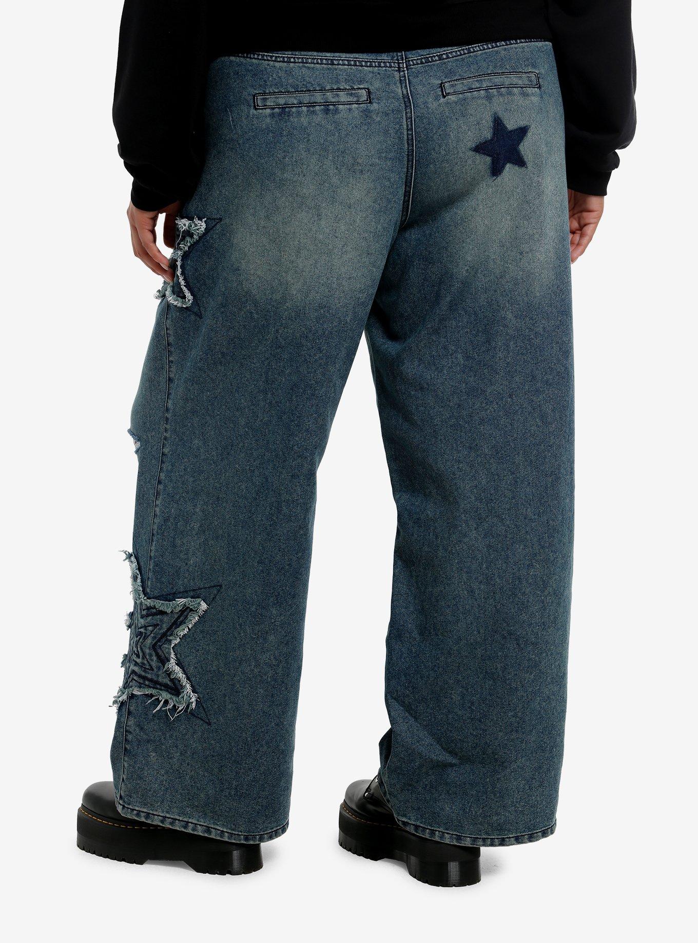 Indigo Vintage Wash Star Patch Girls Wide Leg Jeans Plus Size, , hi-res