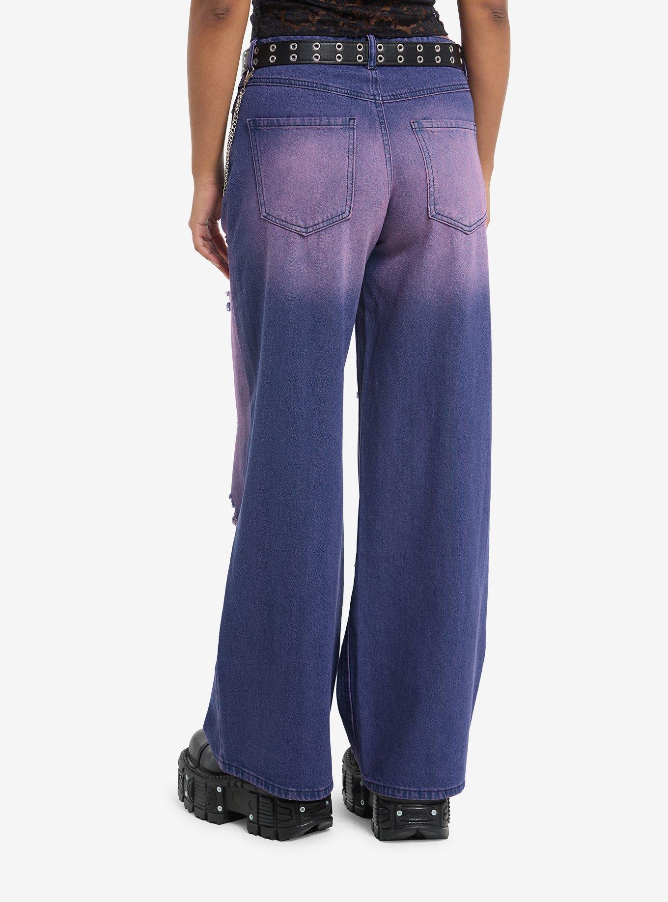 Purple Wash Destructed Girls Wide Leg Jeans, , hi-res