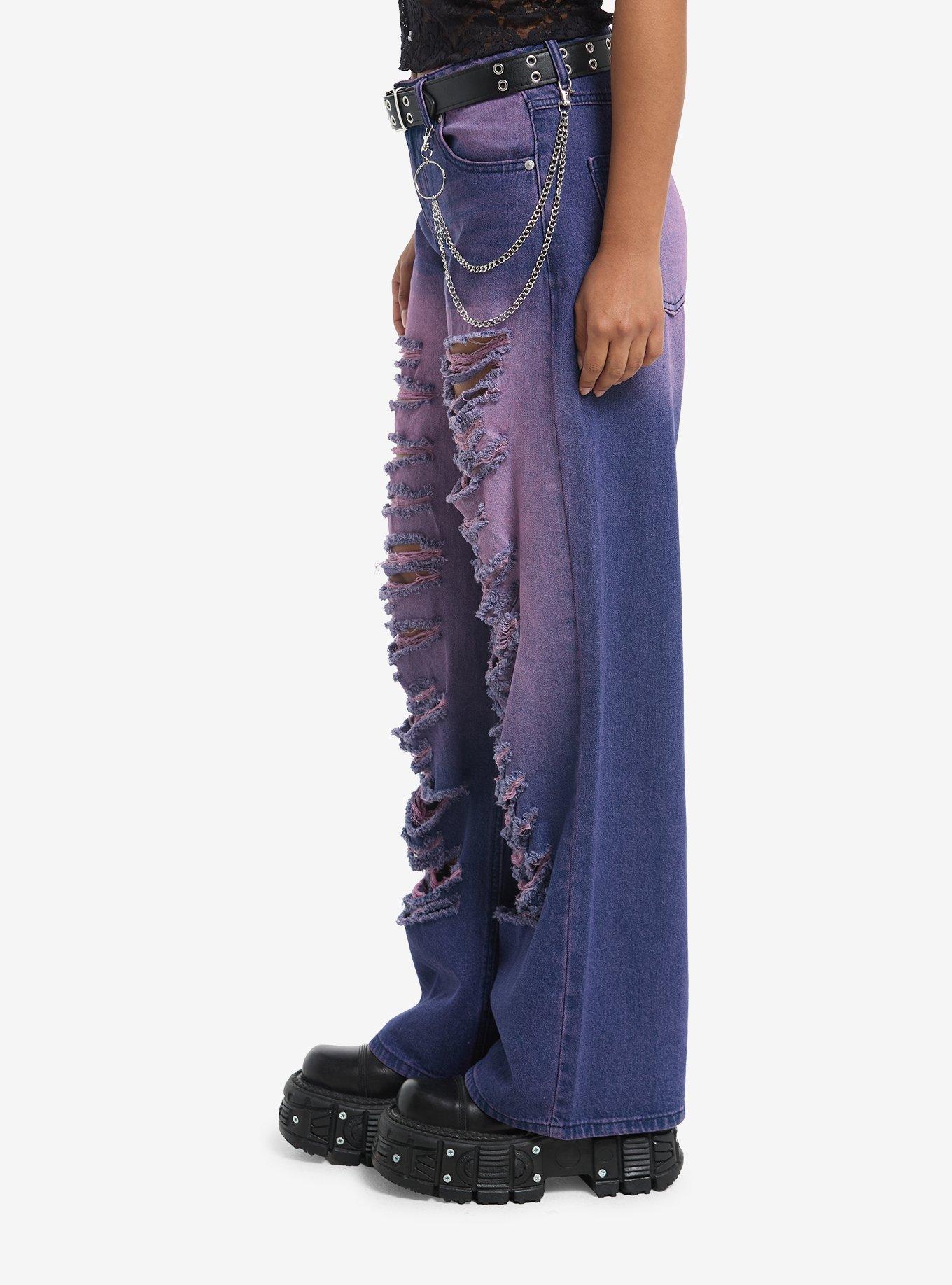 Purple Wash Destructed Girls Wide Leg Jeans, PINK, alternate
