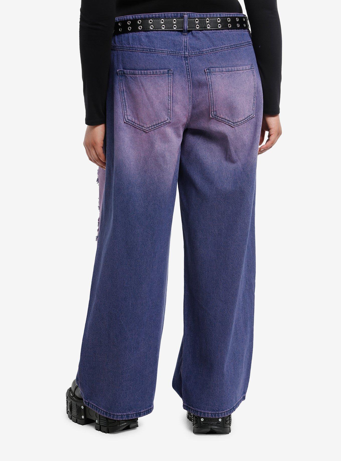 Purple Wash Destructed Girls Wide Leg Jeans Plus Size, , hi-res