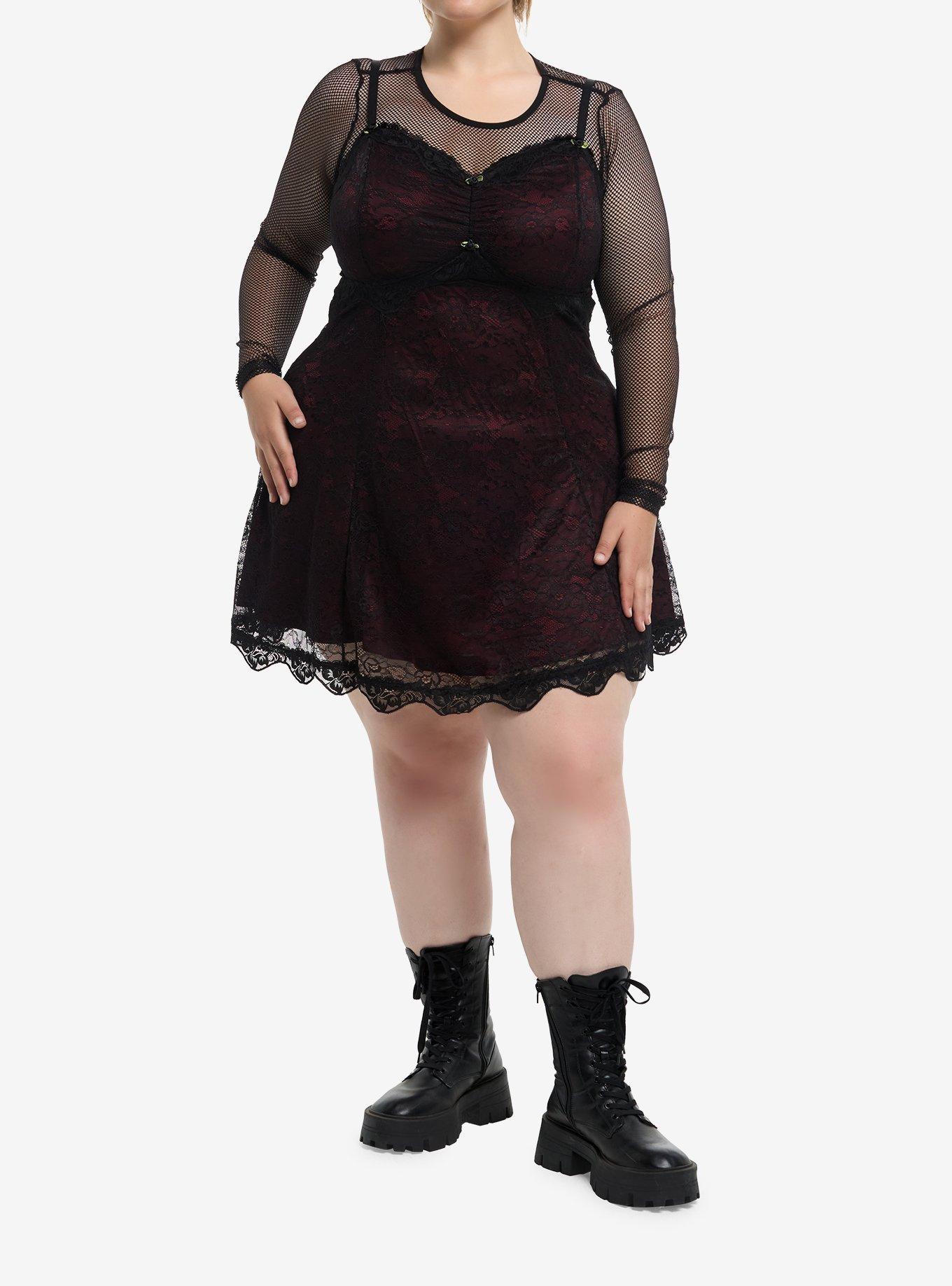 Black & Red Lace Twofer Long-Sleeve Dress Plus Size, , hi-res
