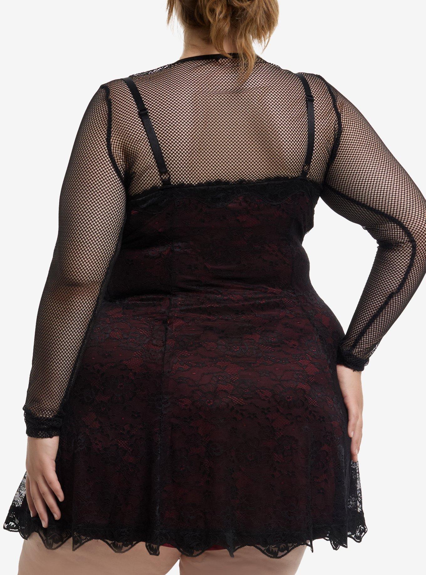 Black & Red Lace Twofer Long-Sleeve Dress Plus Size, PURPLE, alternate