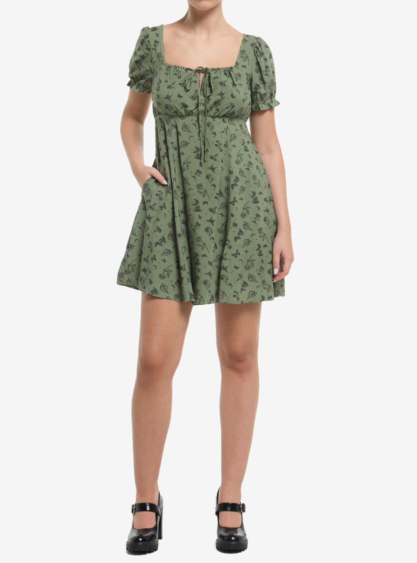 Thorn & Fable Mushrooms Flowers & Butterflies Green Babydoll Dress, , hi-res