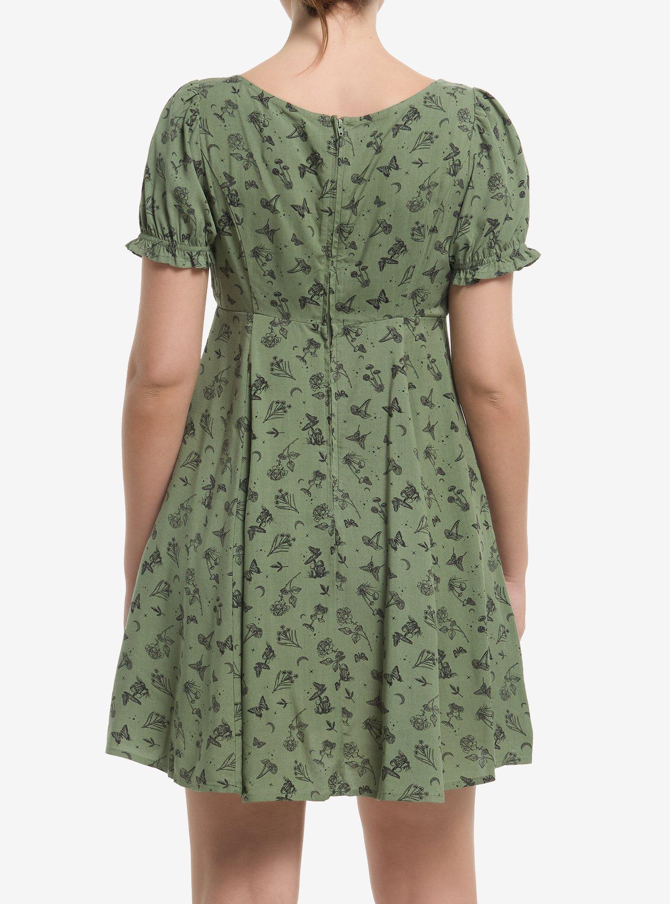 Thorn & Fable Mushrooms Flowers & Butterflies Green Babydoll Dress, BLACK, alternate