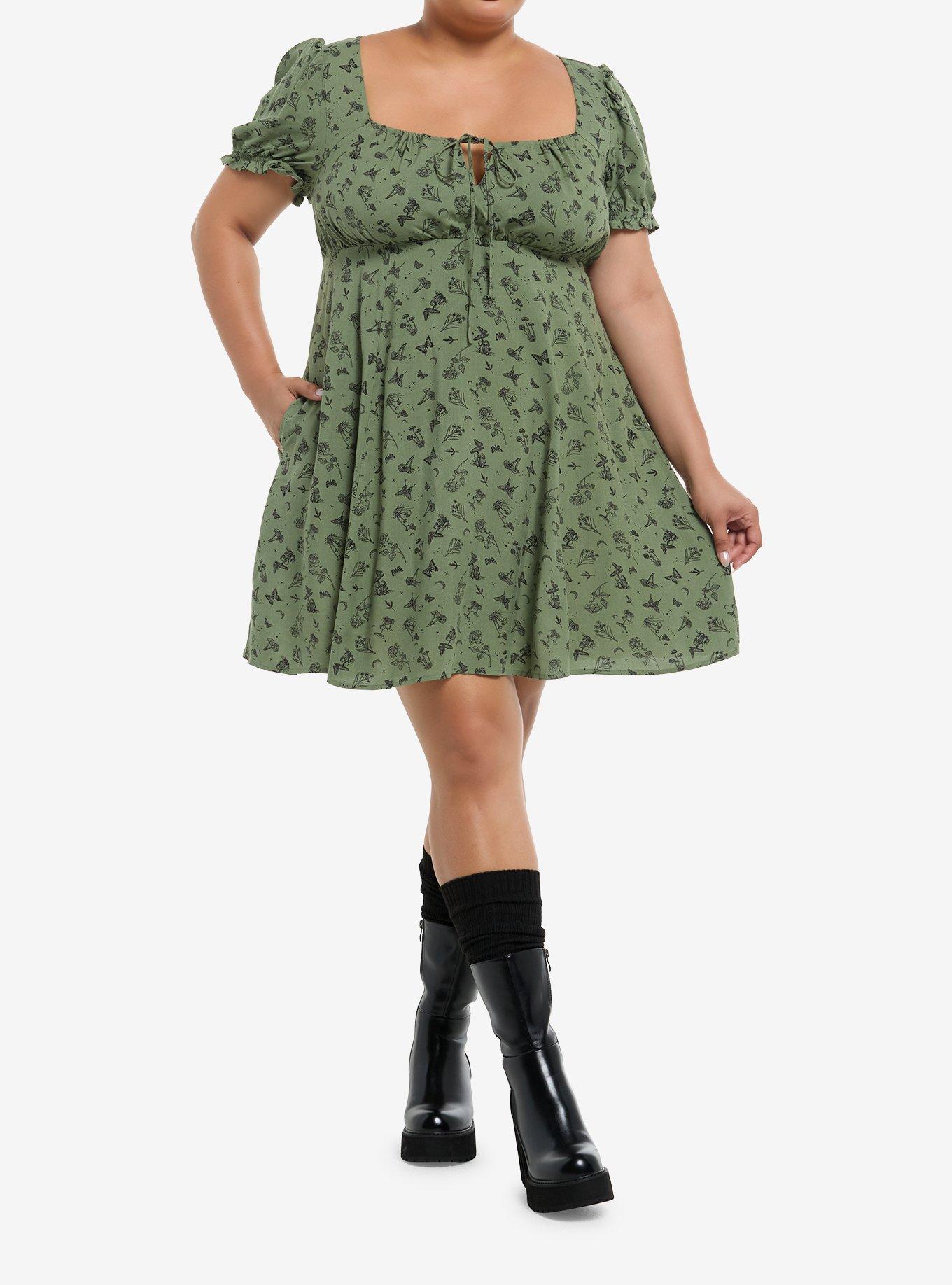 Thorn & Fable Mushrooms Flowers & Butterflies Green Babydoll Dress Plus Size, , hi-res