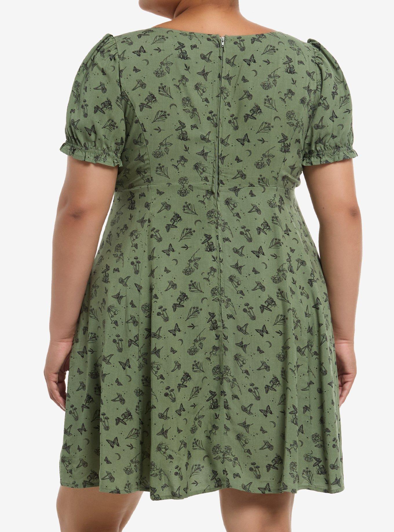 Thorn & Fable Mushrooms Flowers & Butterflies Green Babydoll Dress Plus Size, BLACK, alternate