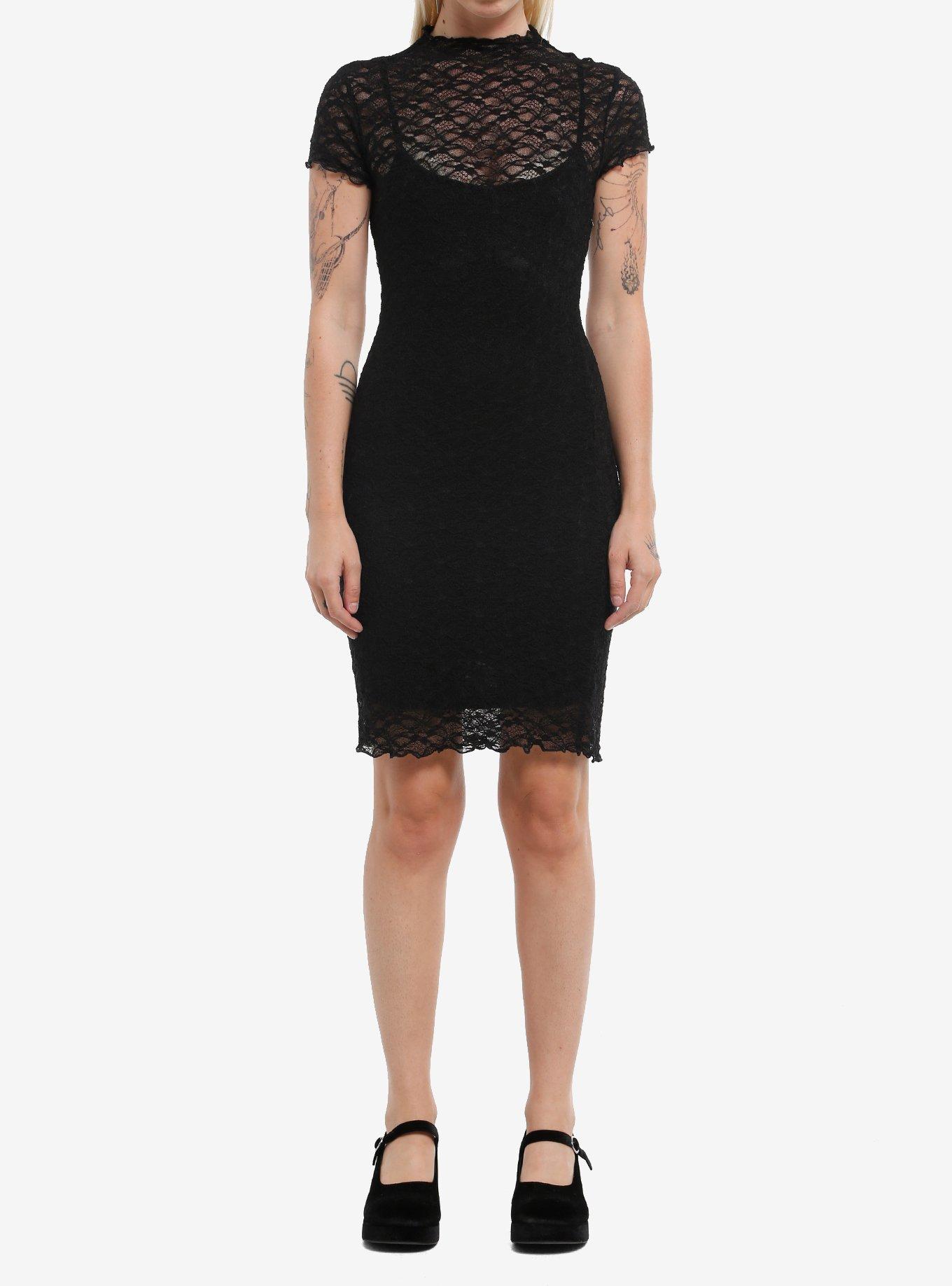 Cosmic Aura Black Lace Mock Neck Dress, , hi-res