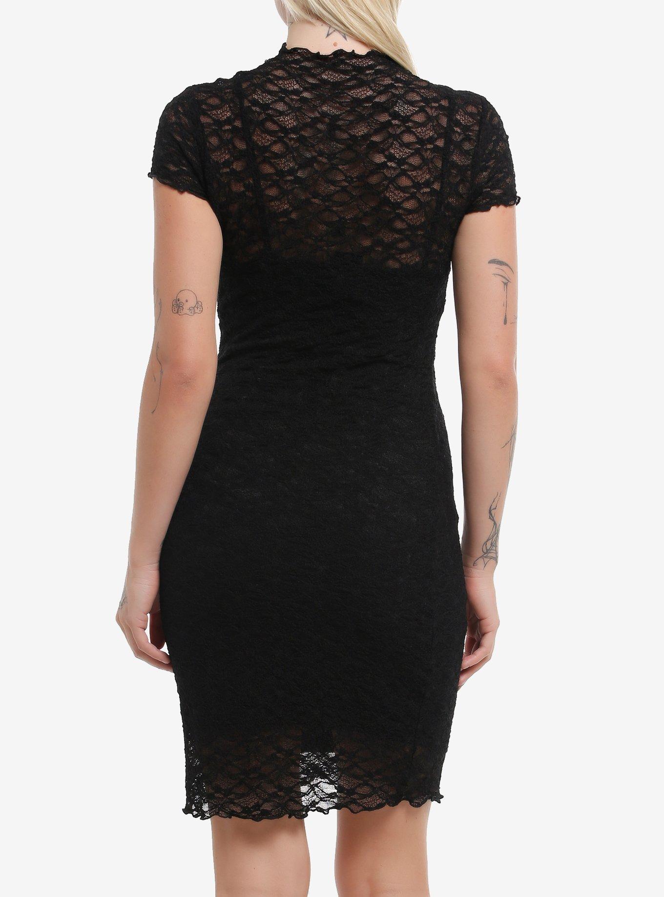 Cosmic Aura Black Lace Mock Neck Dress, BLACK, alternate