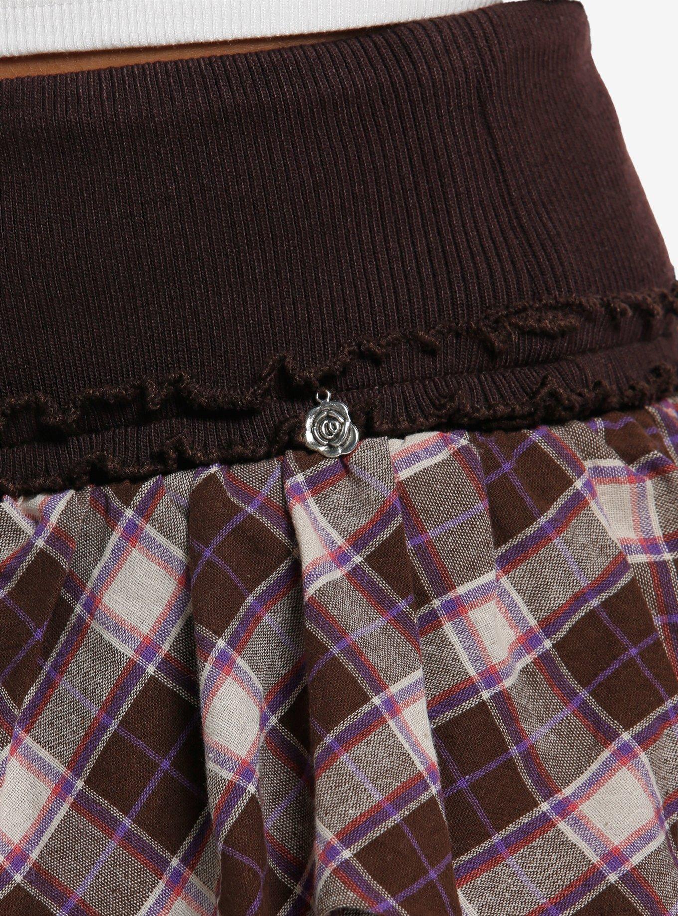 Brown Plaid Tiered Mini Skirt, MAROON, alternate