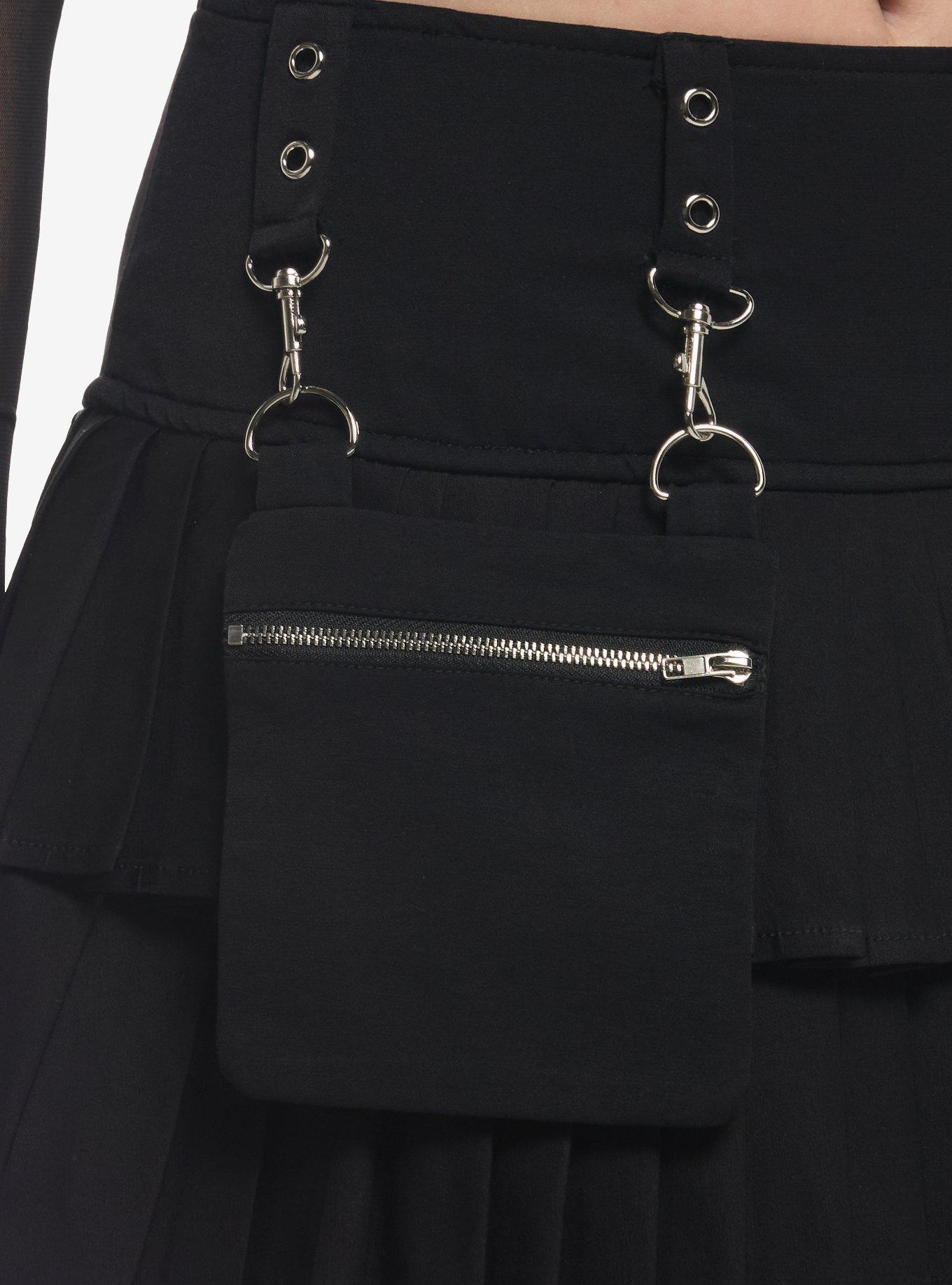 Black Grommet Pleated Mini Skirt With Pouch, BLACK, alternate