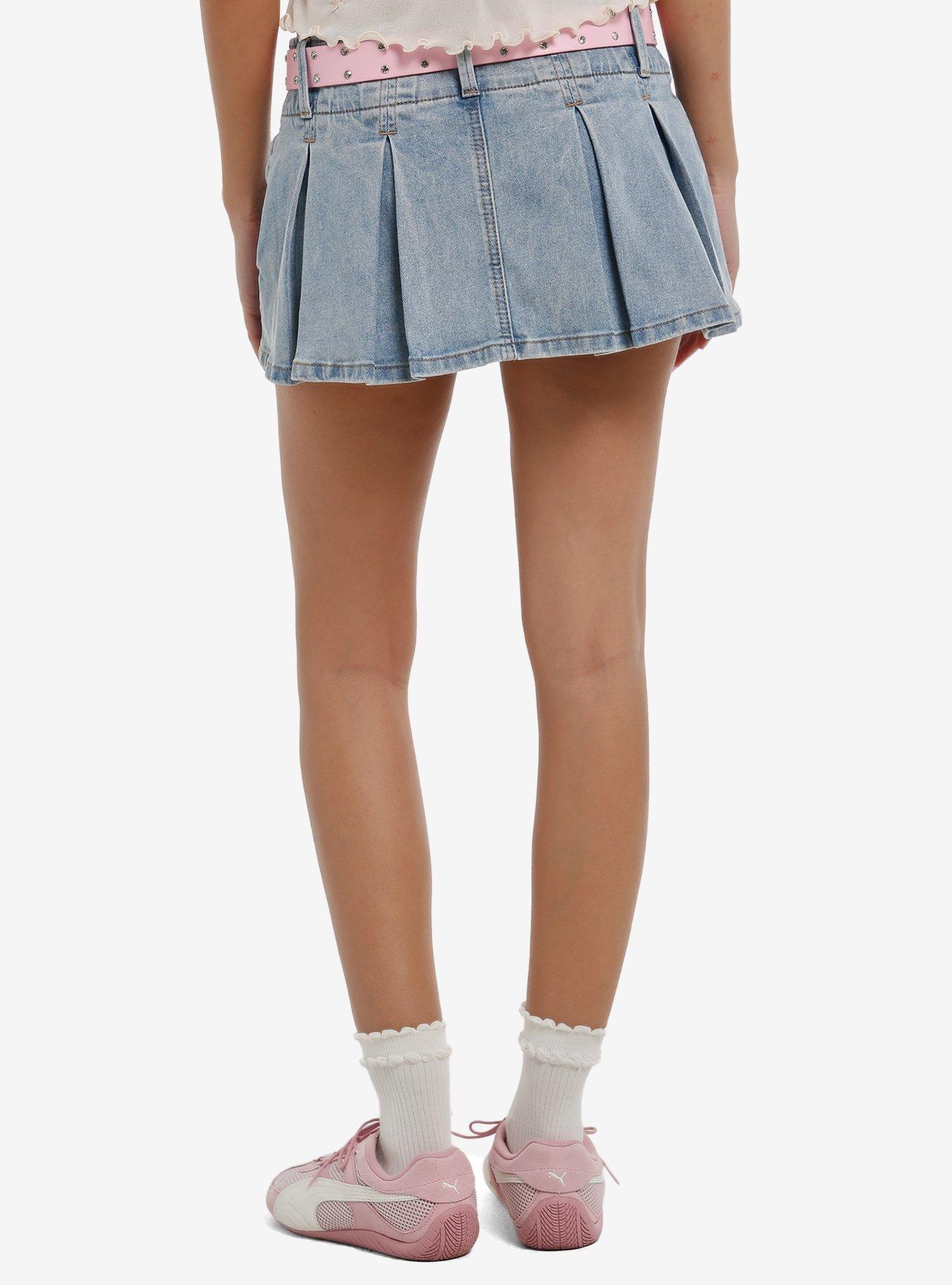 Light Indigo Pleated Mini Skort With Rhinestone Belt, , hi-res