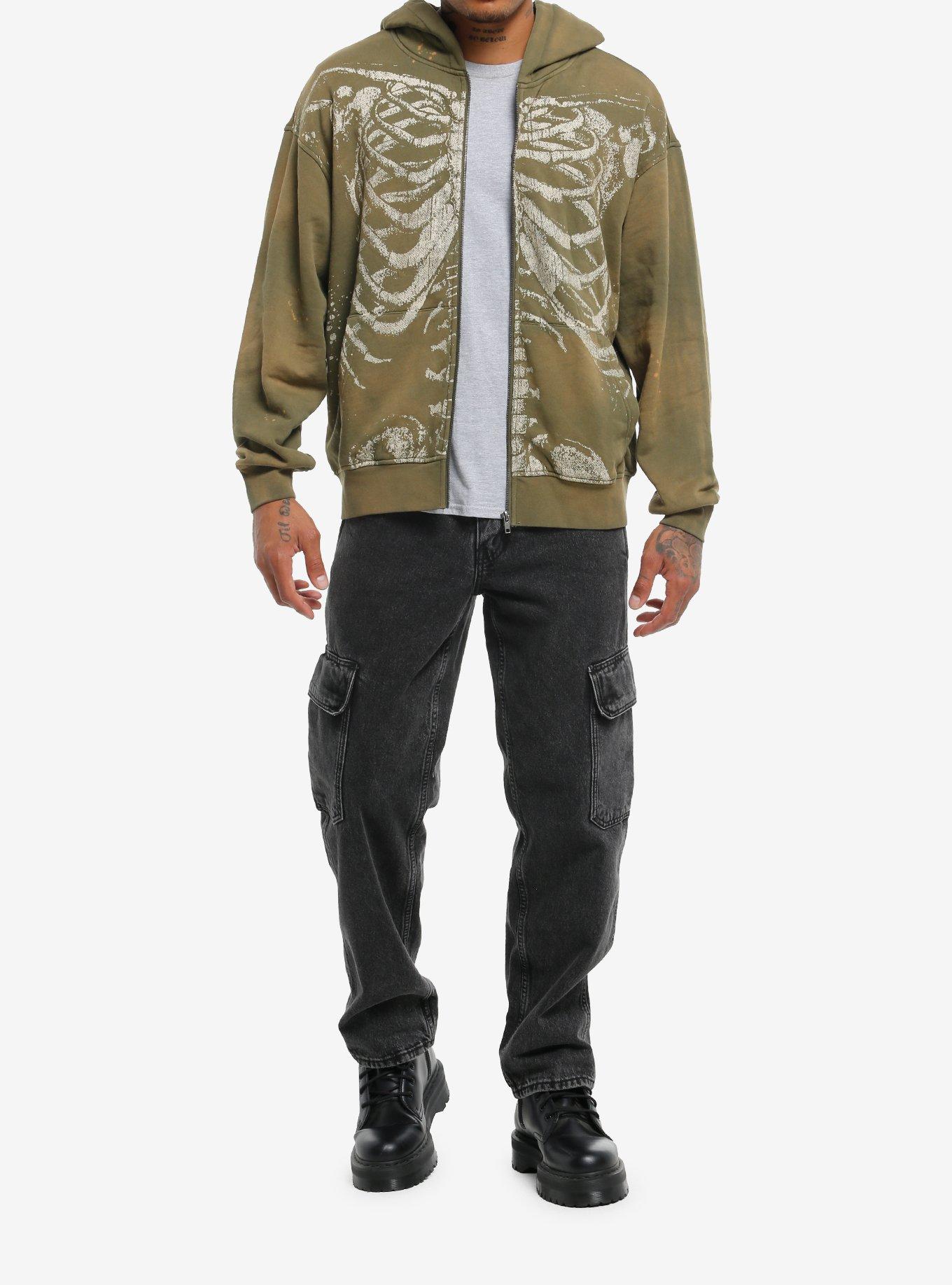Rib Cage Olive Green Vintage Wash Hoodie, , hi-res