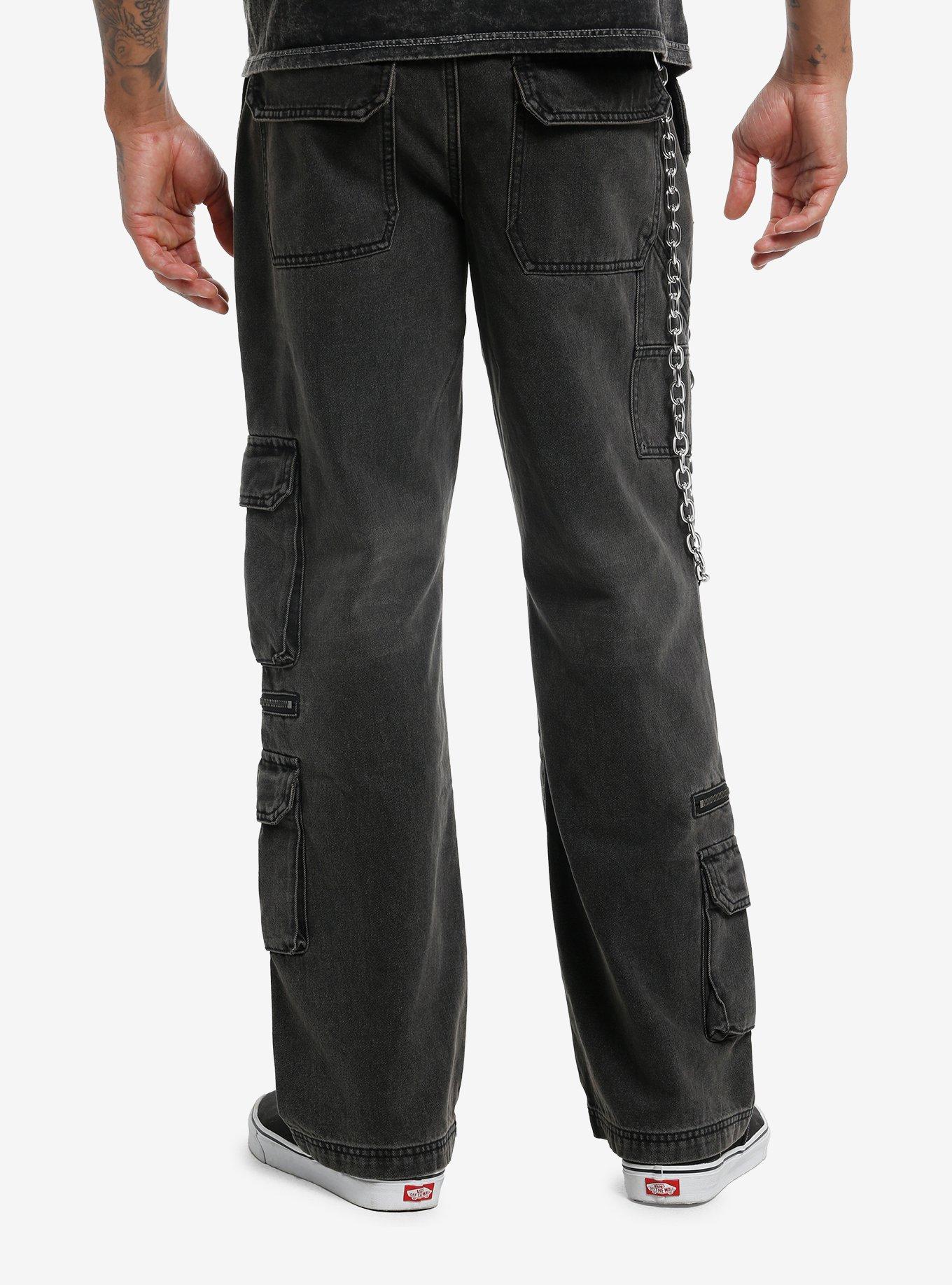 Faded Black Wash Distressed Wide Leg Cargo Jeans, , hi-res