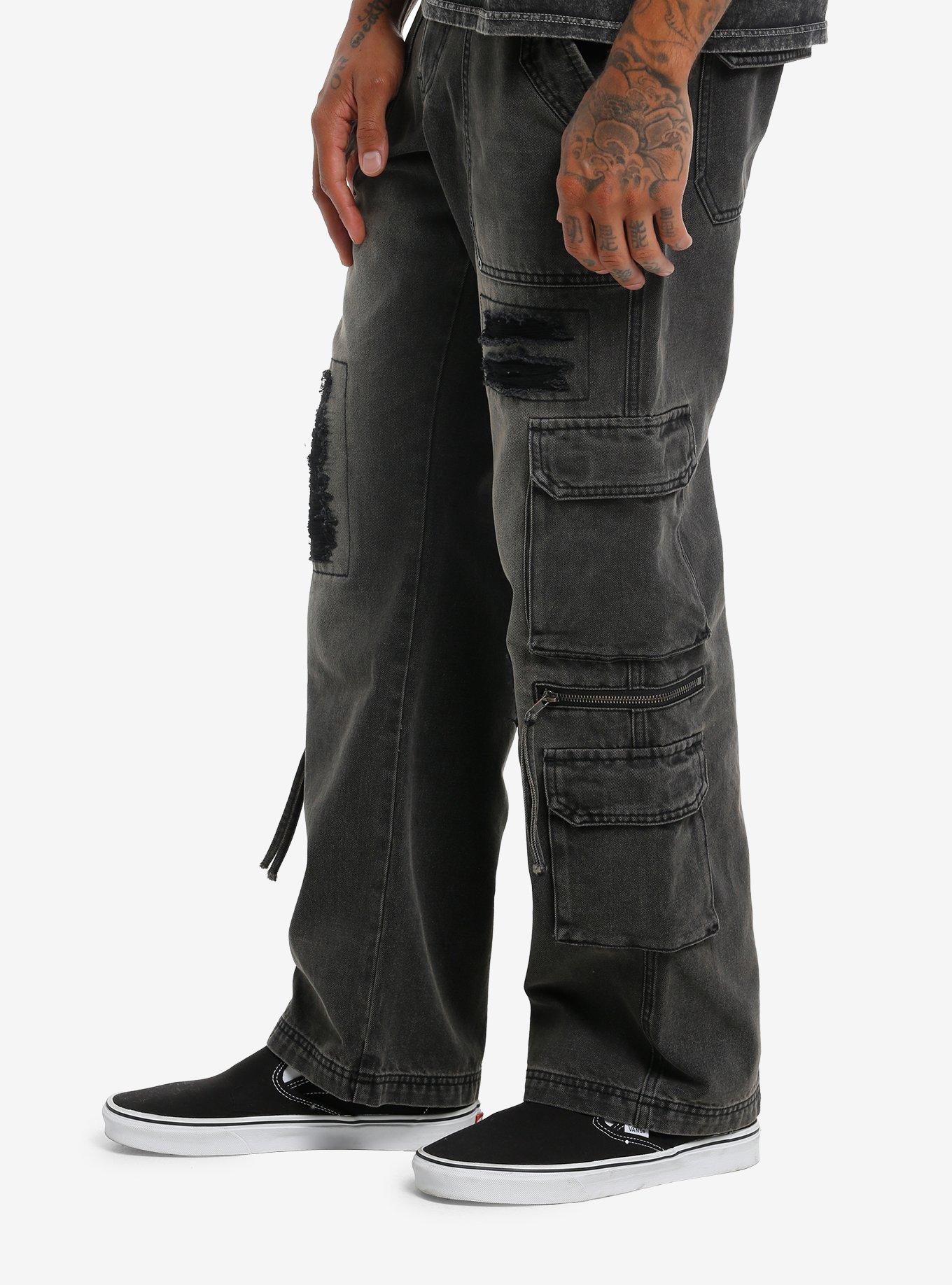 Faded Black Wash Distressed Wide Leg Cargo Jeans, BROWN, alternate