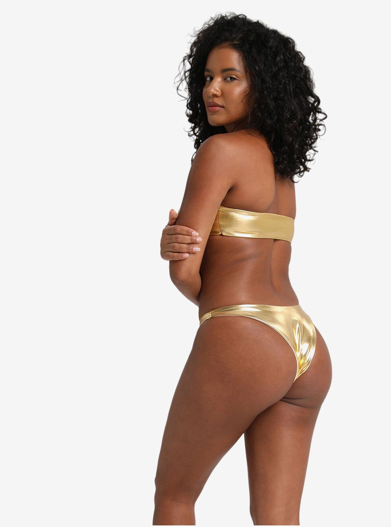 LECHERY Metallic Gold Lustrous V-Cut Swim Bottom, GOLD, alternate