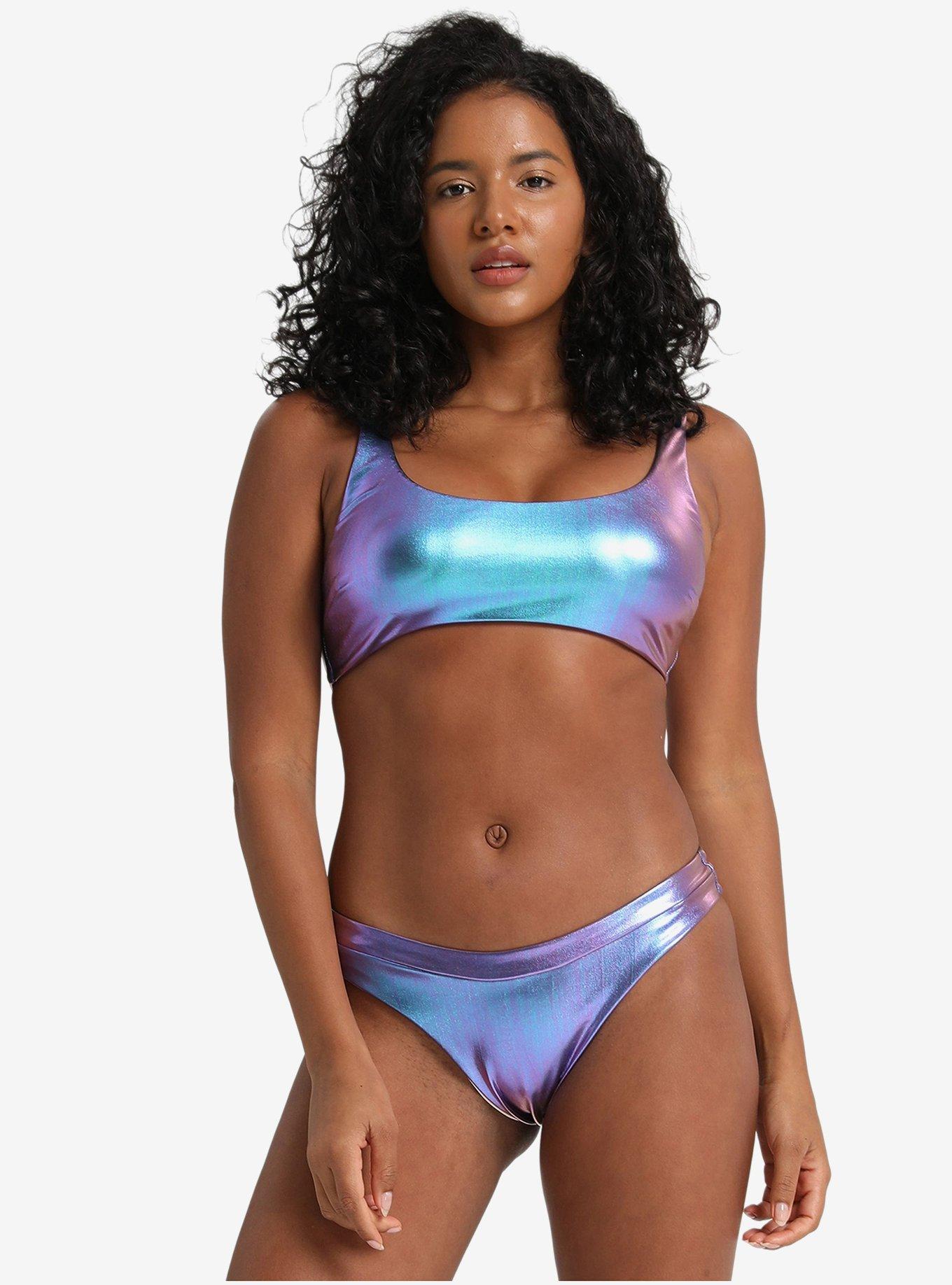 LECHERY Holographic Midnight Lustrous Scoop Neck Swim Top, , hi-res