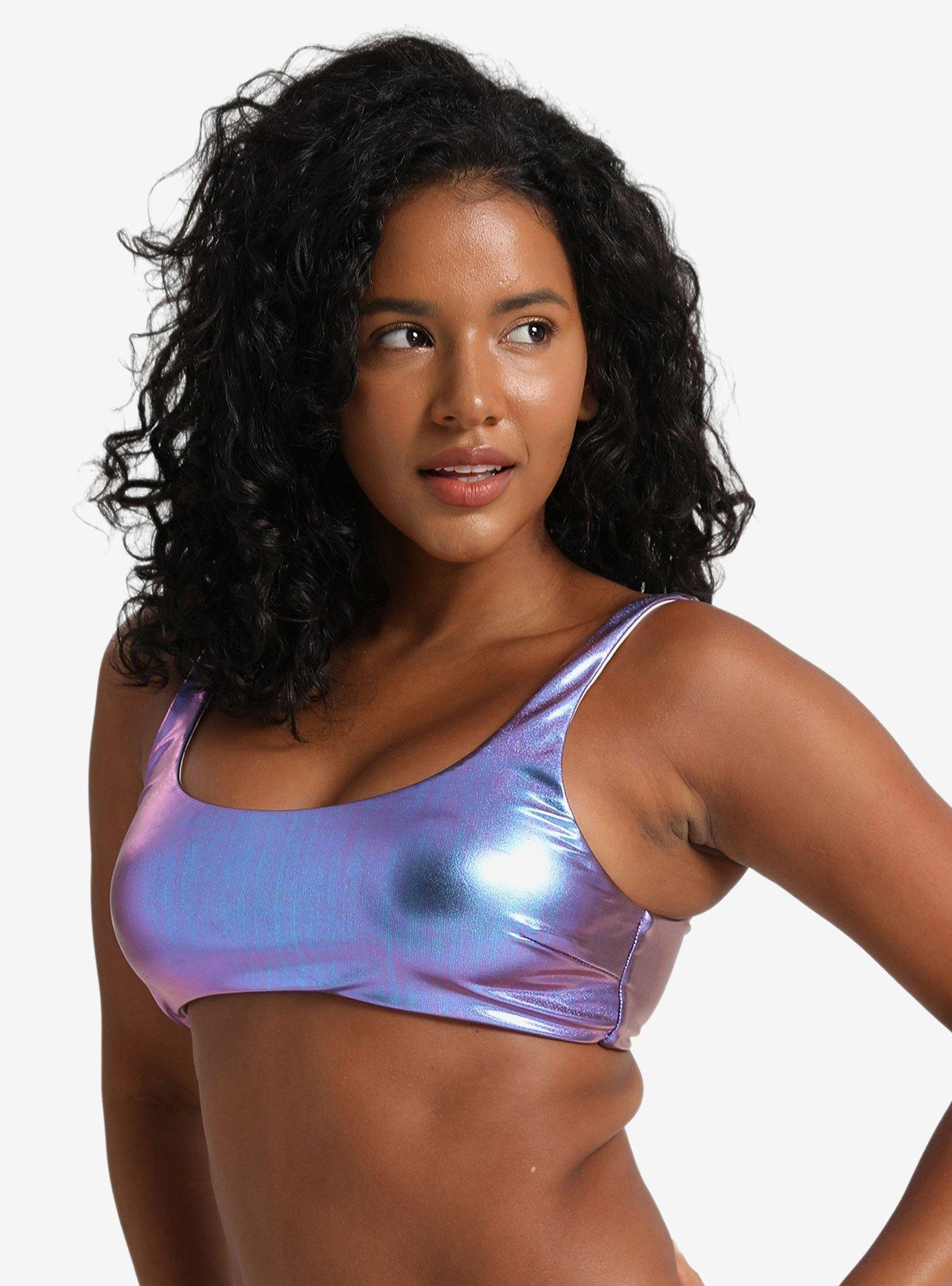 LECHERY Holographic Midnight Lustrous Scoop Neck Swim Top, BLUE, alternate