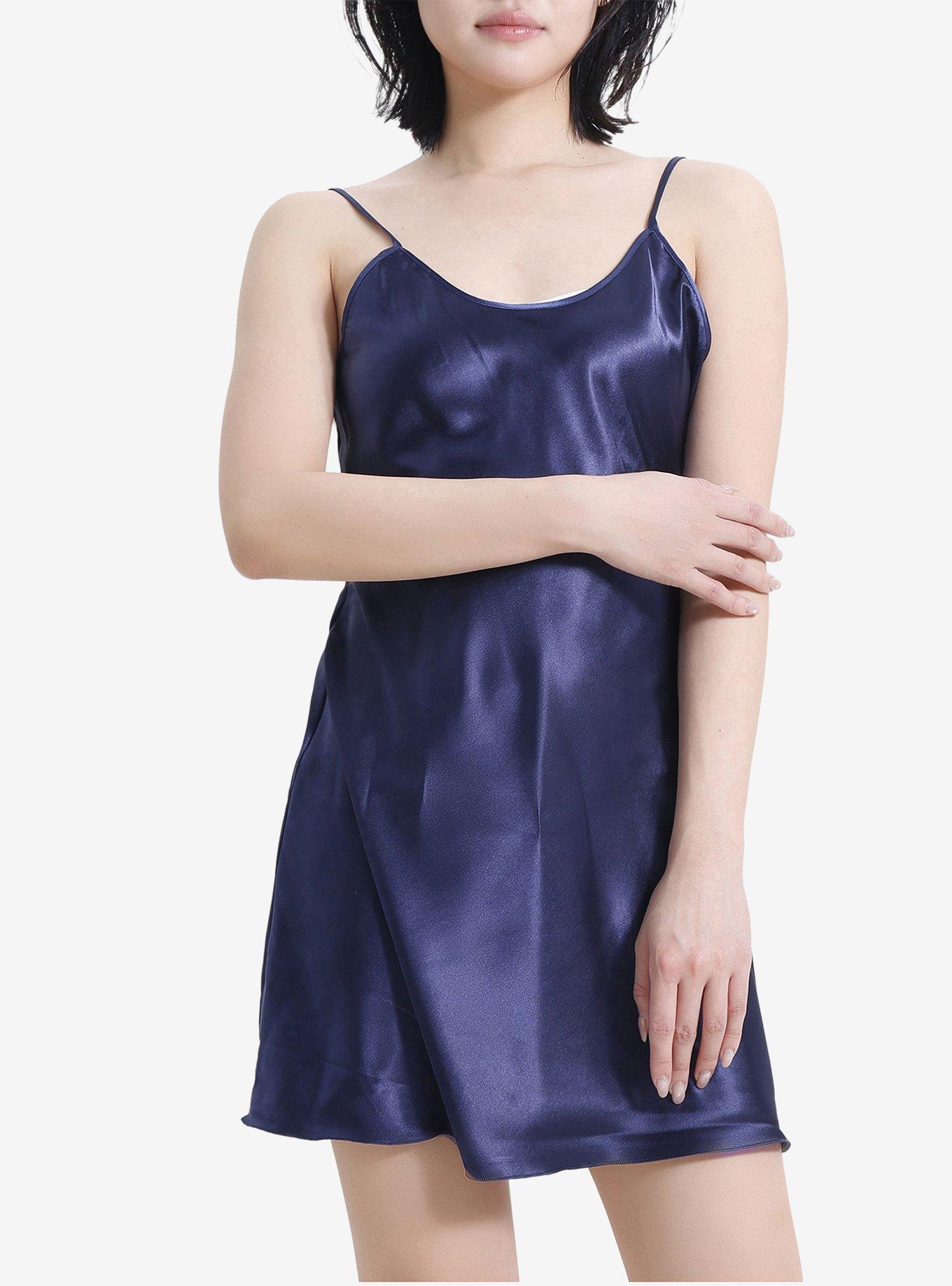 LECHERY Navy Lustrous Silky Shiny Satin Mini Slip Dress, , hi-res