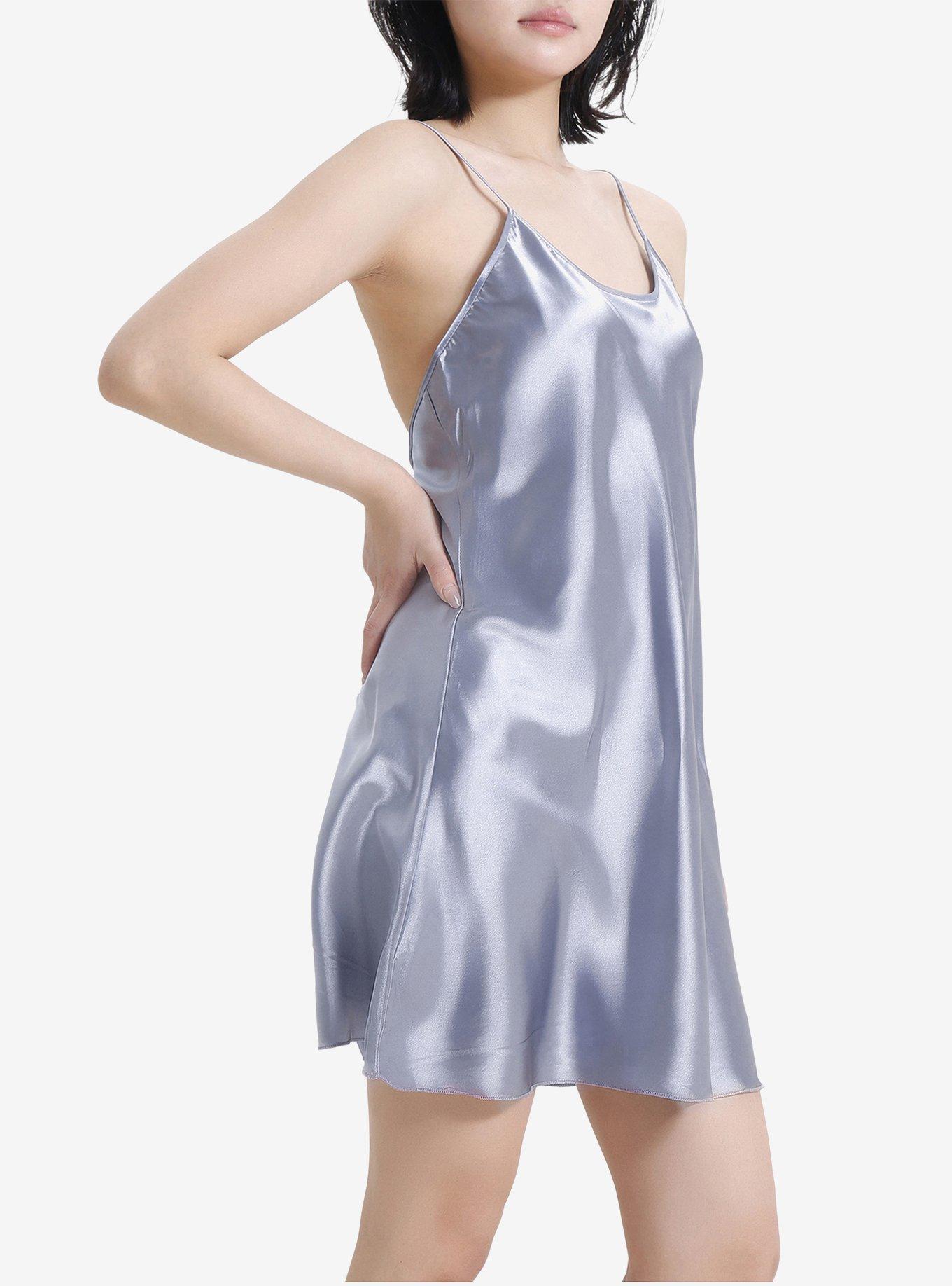 LECHERY Grey Lustrous Silky Shiny Satin Mini Slip Dress, , hi-res