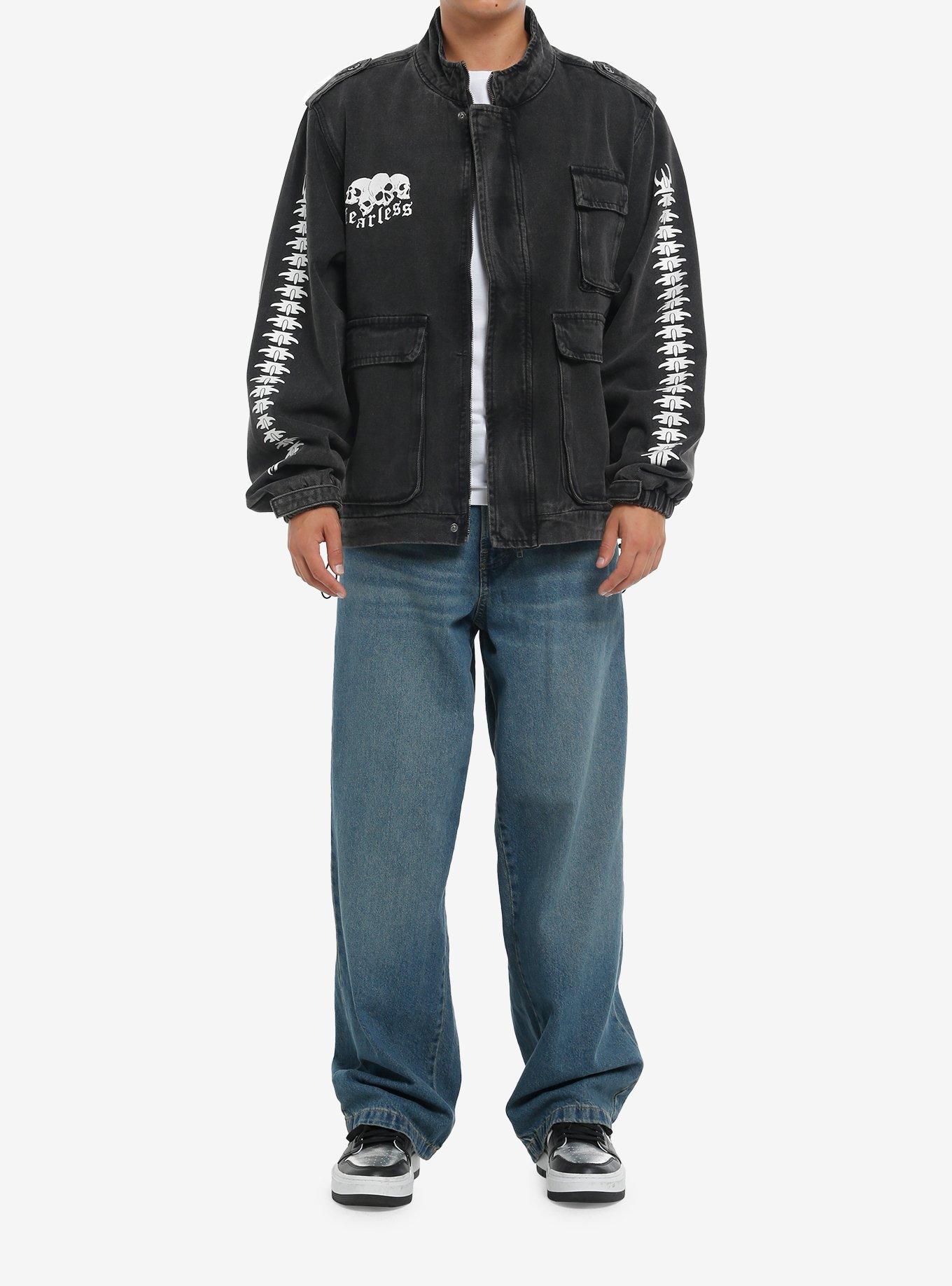 Black Denim Skulls & Bones Utility Jacket, BLACK, alternate