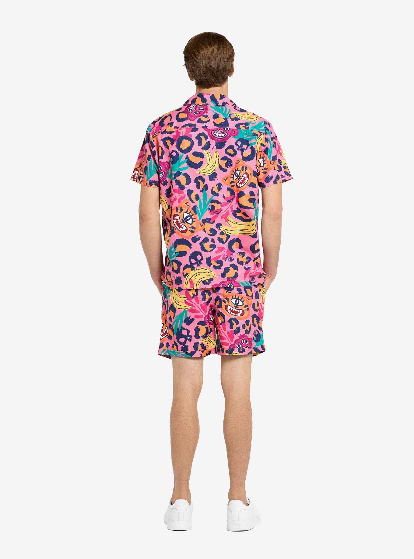 Jazzy Jungle Button-Up Shirt & Short Set, PINK, alternate