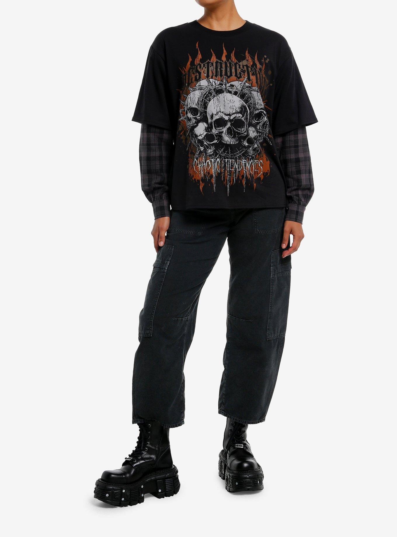 Destructive Skulls & Flames Plaid Girls Twofer Long-Sleeve Top, , hi-res