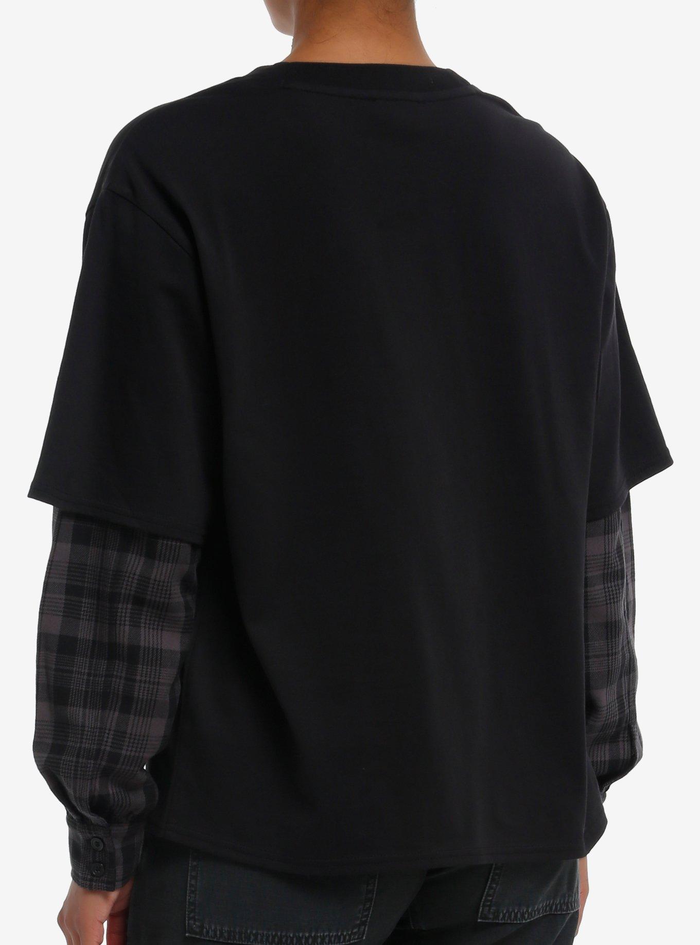 Destructive Skulls & Flames Plaid Girls Twofer Long-Sleeve Top, GREY, alternate
