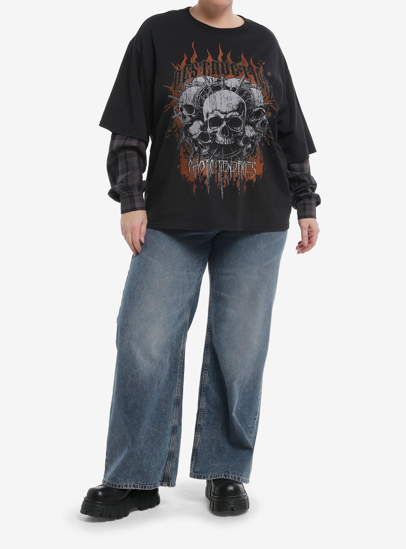 Destructive Skulls & Flames Plaid Girls Twofer Long-Sleeve Top Plus Size, , hi-res