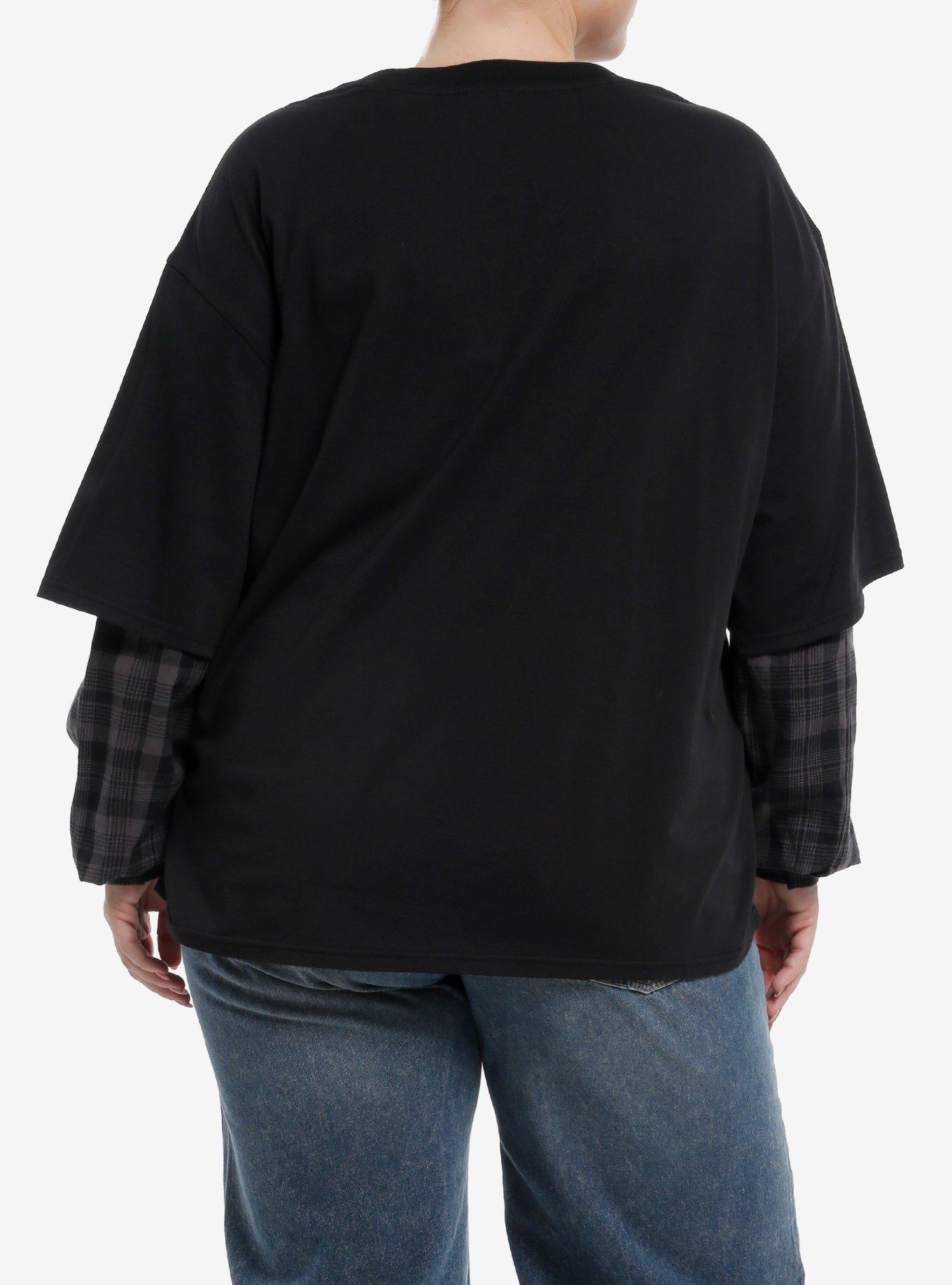 Destructive Skulls & Flames Plaid Girls Twofer Long-Sleeve Top Plus Size, GREY, alternate