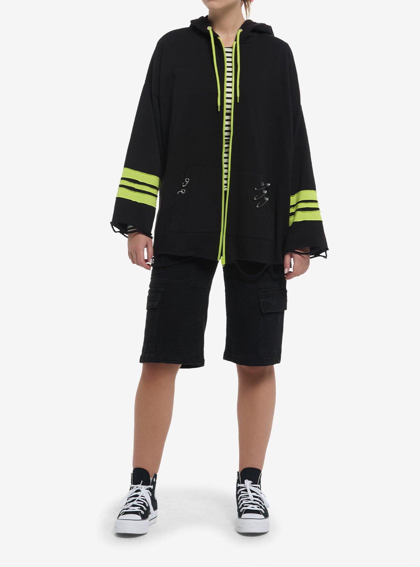 Black & Lime Green Cat Ear Hardware Girls Hoodie, , hi-res