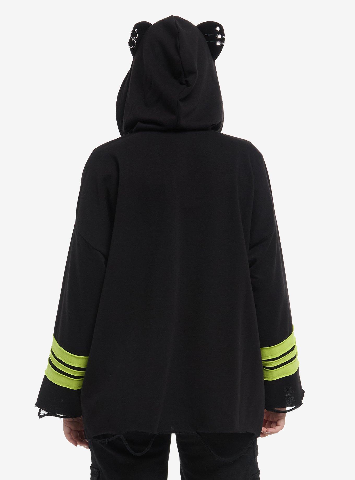 Black & Lime Green Cat Ear Hardware Girls Hoodie, NEON GREEN, alternate