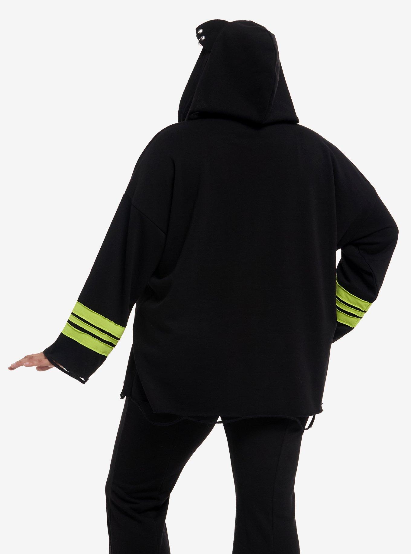Black & Lime Green Cat Ear Hardware Girls Hoodie Plus Size, NEON GREEN, alternate