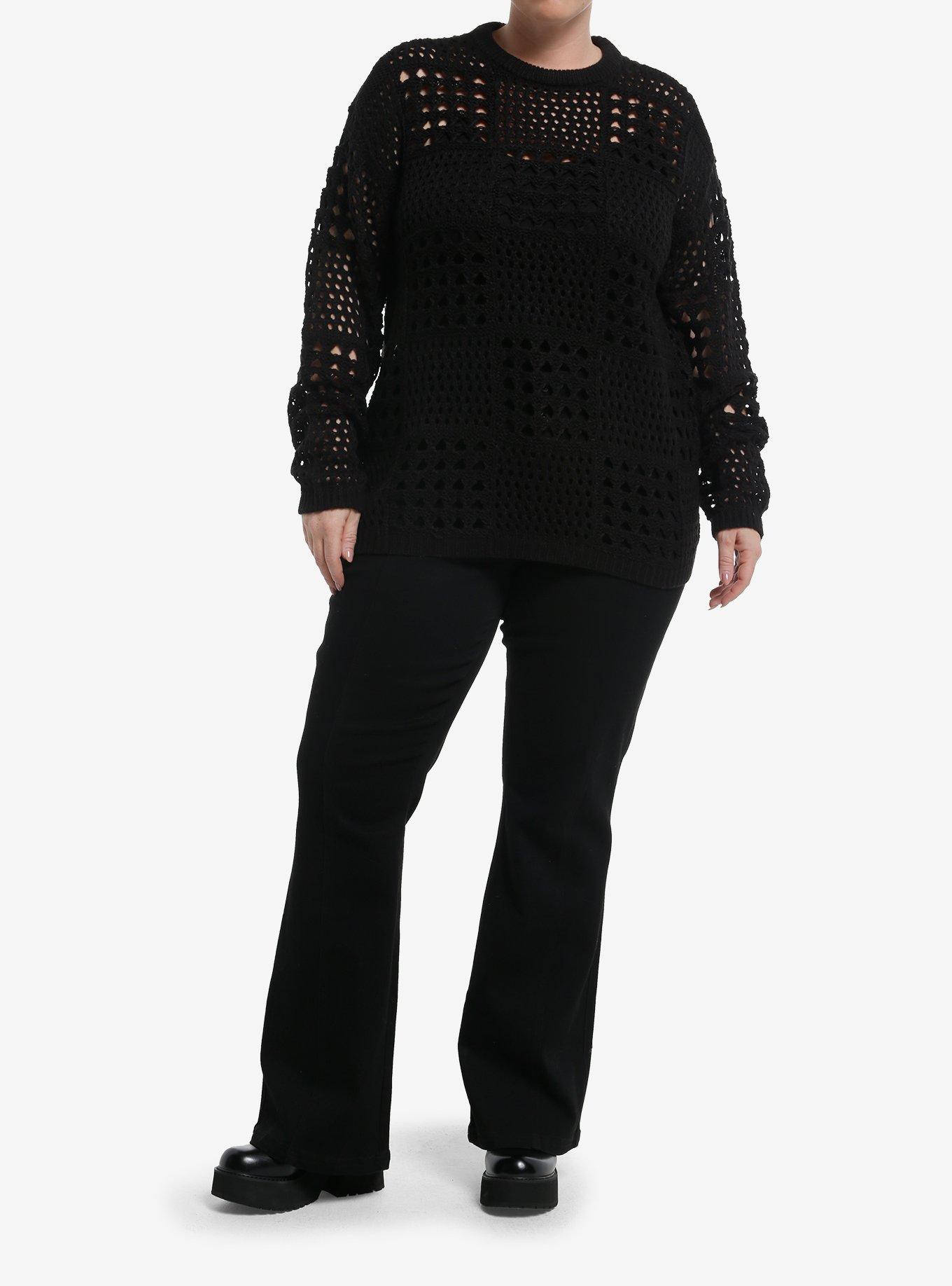 Social Collision Black Open Knit Girls Sweater Plus Size, , hi-res