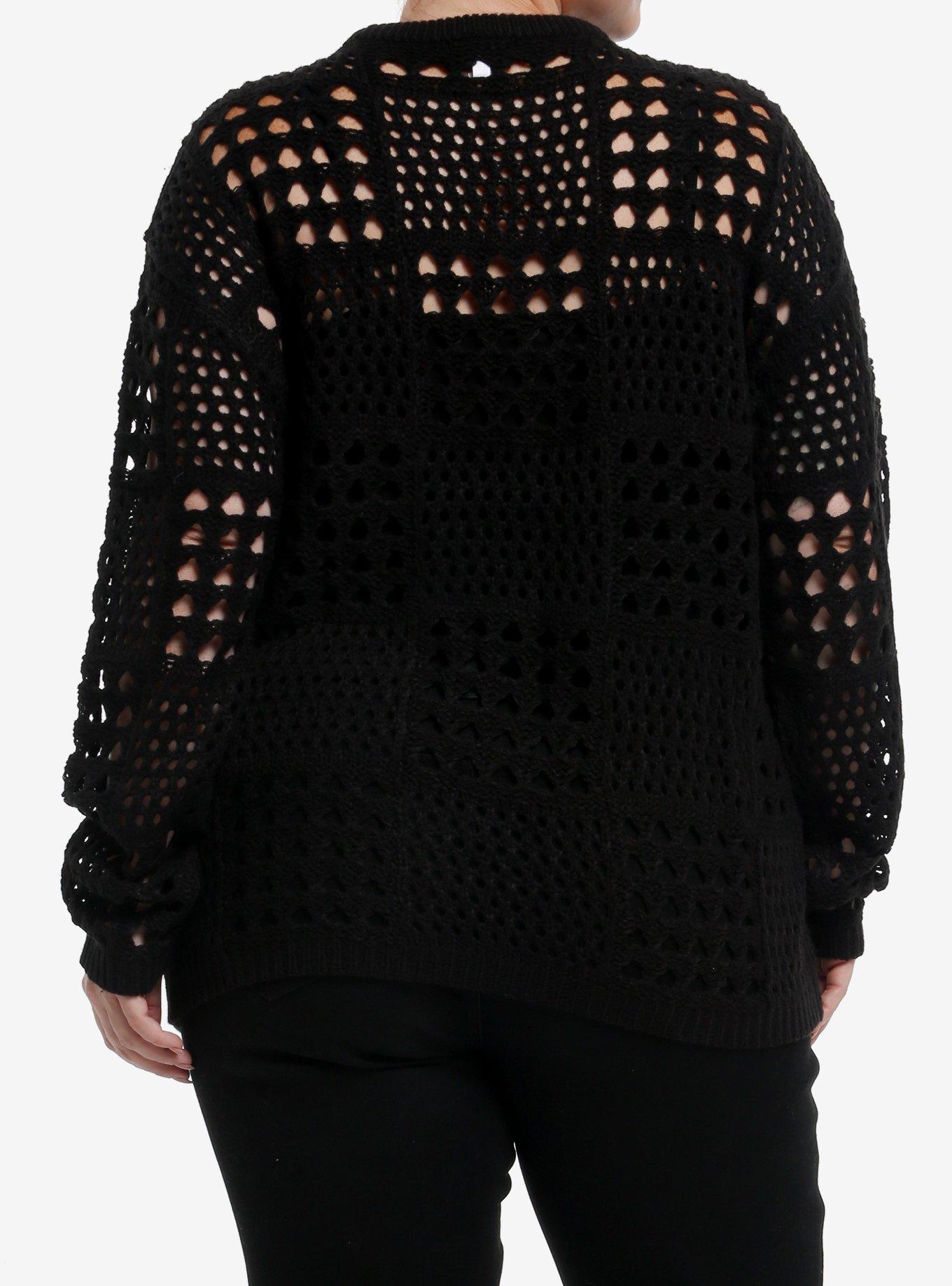Social Collision Black Open Knit Girls Sweater Plus Size, BLACK, alternate
