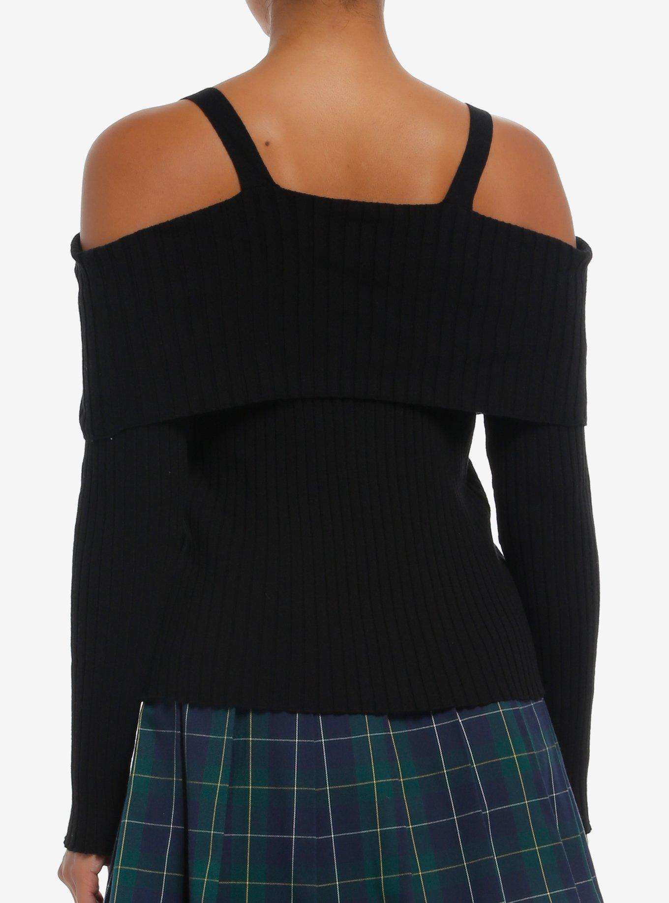 Social Collision Black Cold Shoulder Girls Crop Sweater, BLACK, alternate