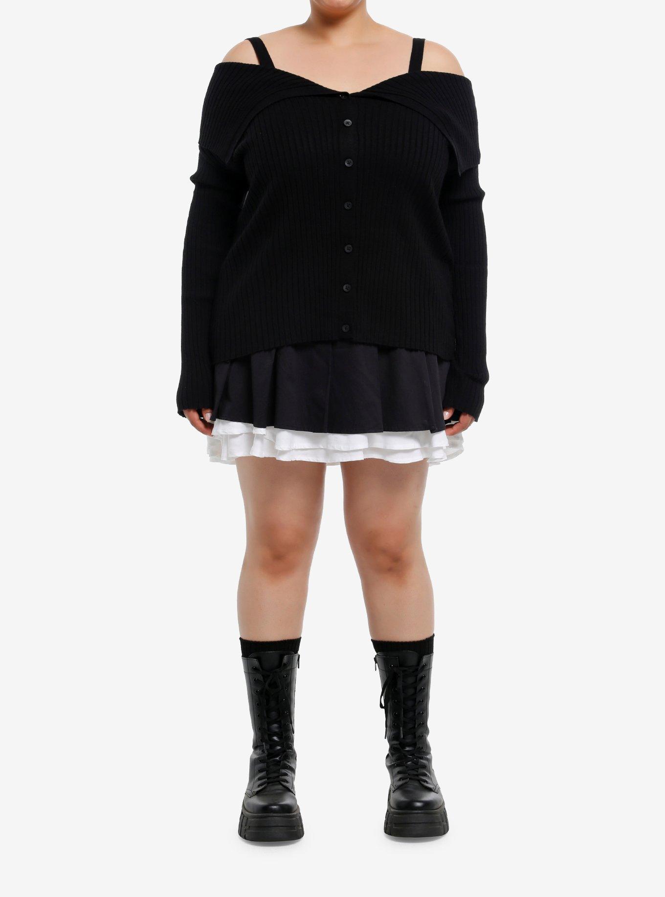 Social Collision Black Cold Shoulder Girls Crop Sweater Plus Size, , hi-res