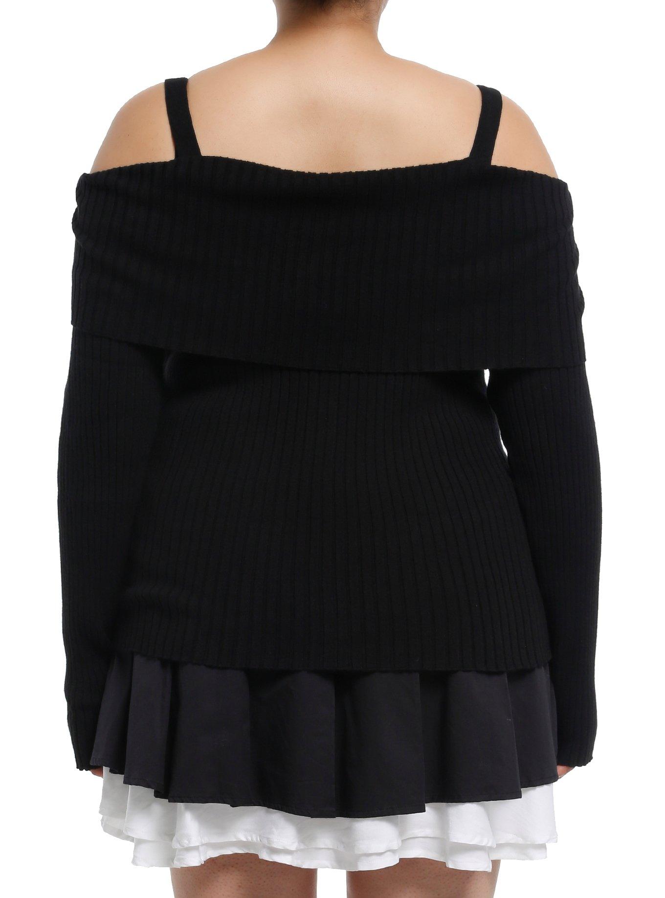 Social Collision Black Cold Shoulder Girls Crop Sweater Plus Size, BLACK, alternate