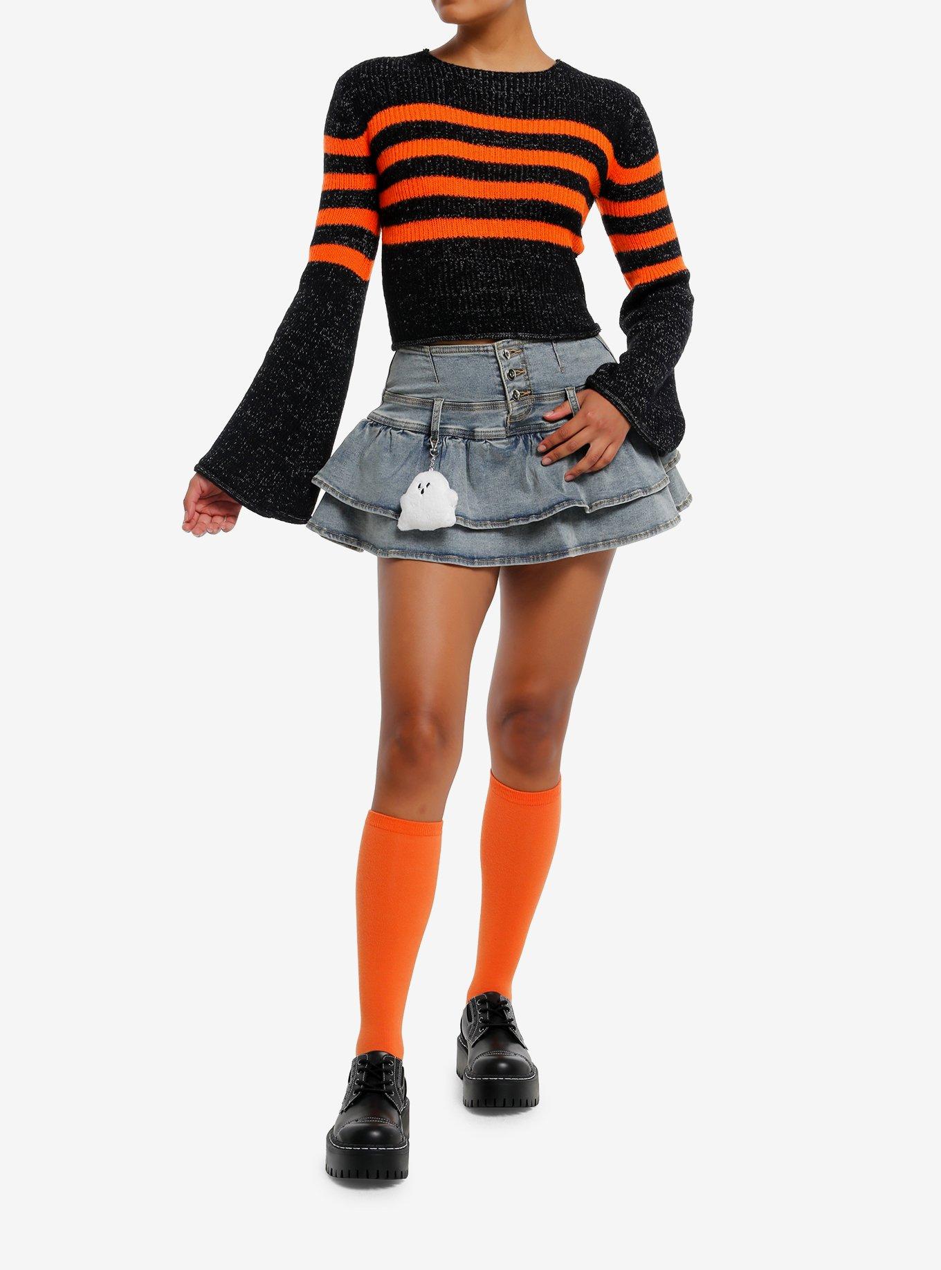 Orange & Black Peppered Knit Girls Crop Sweater, , hi-res