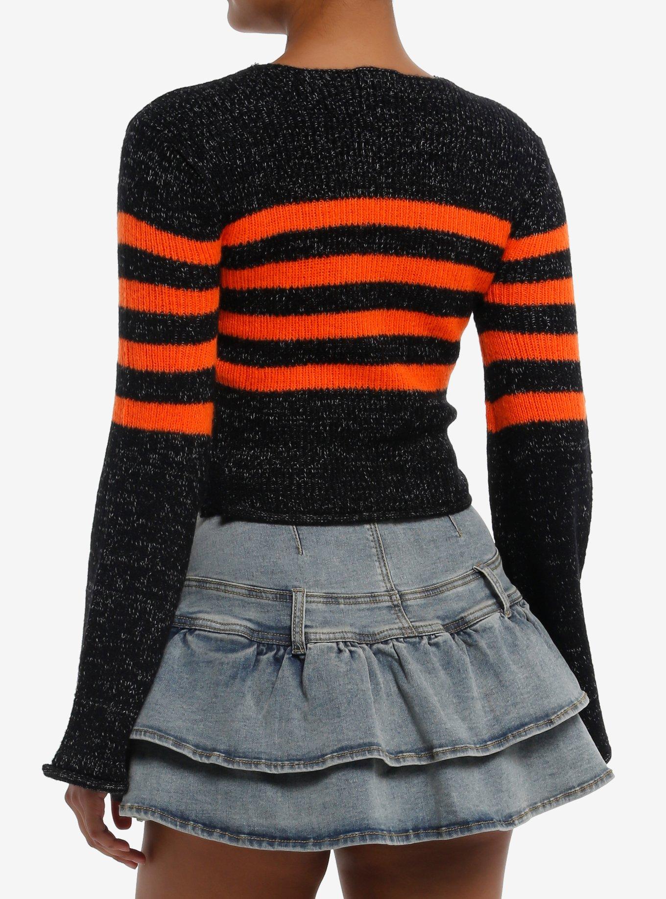 Orange & Black Peppered Knit Girls Crop Sweater, ORANGE, alternate