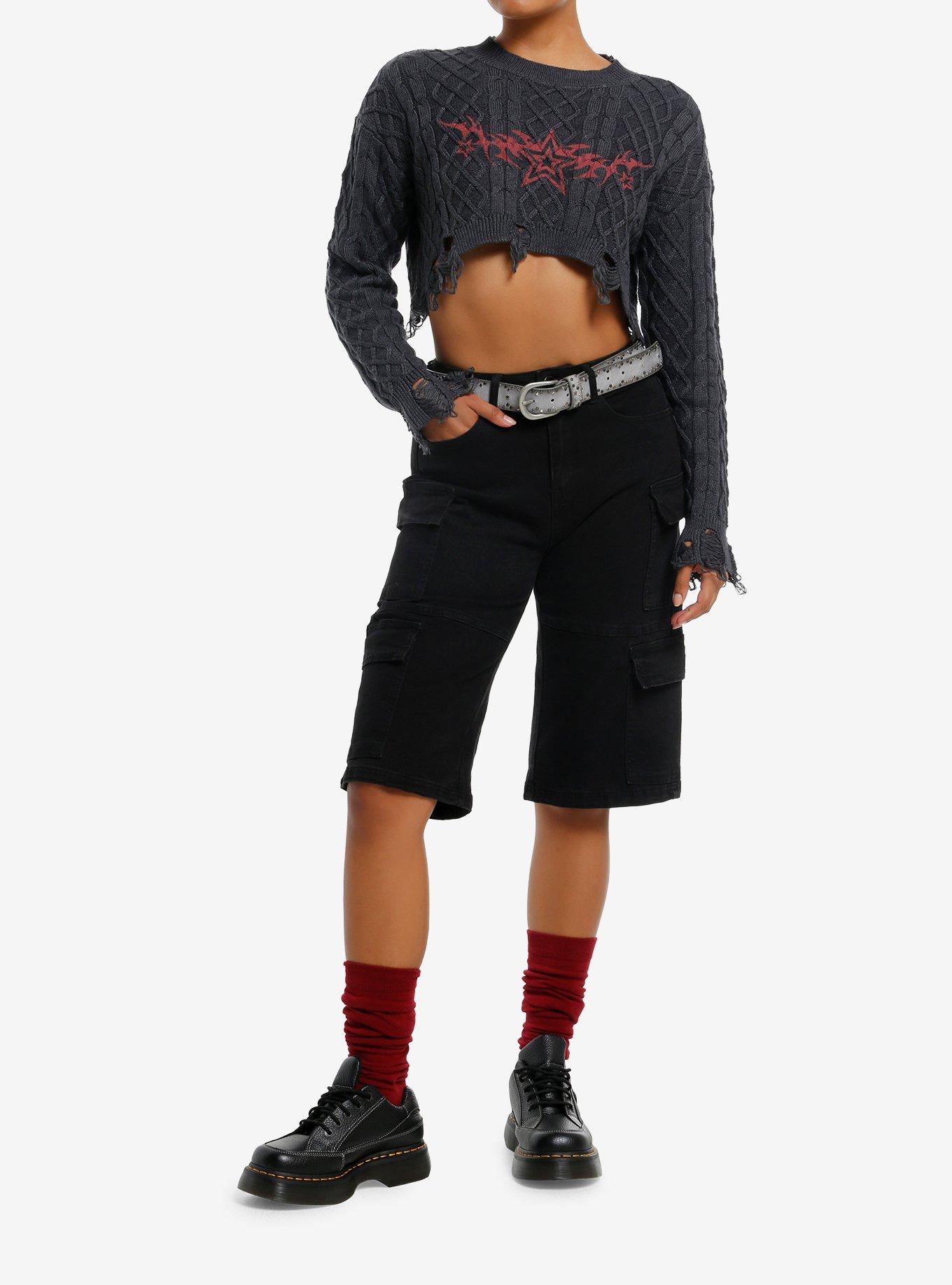 Grey & Red Y2K Star Destructed Bolero Girls Crop Shrug, , hi-res