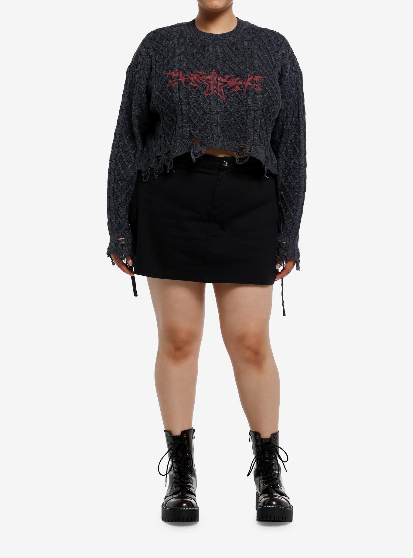 Grey & Red Y2K Star Destructed Bolero Girls Crop Shrug Plus Size, , hi-res